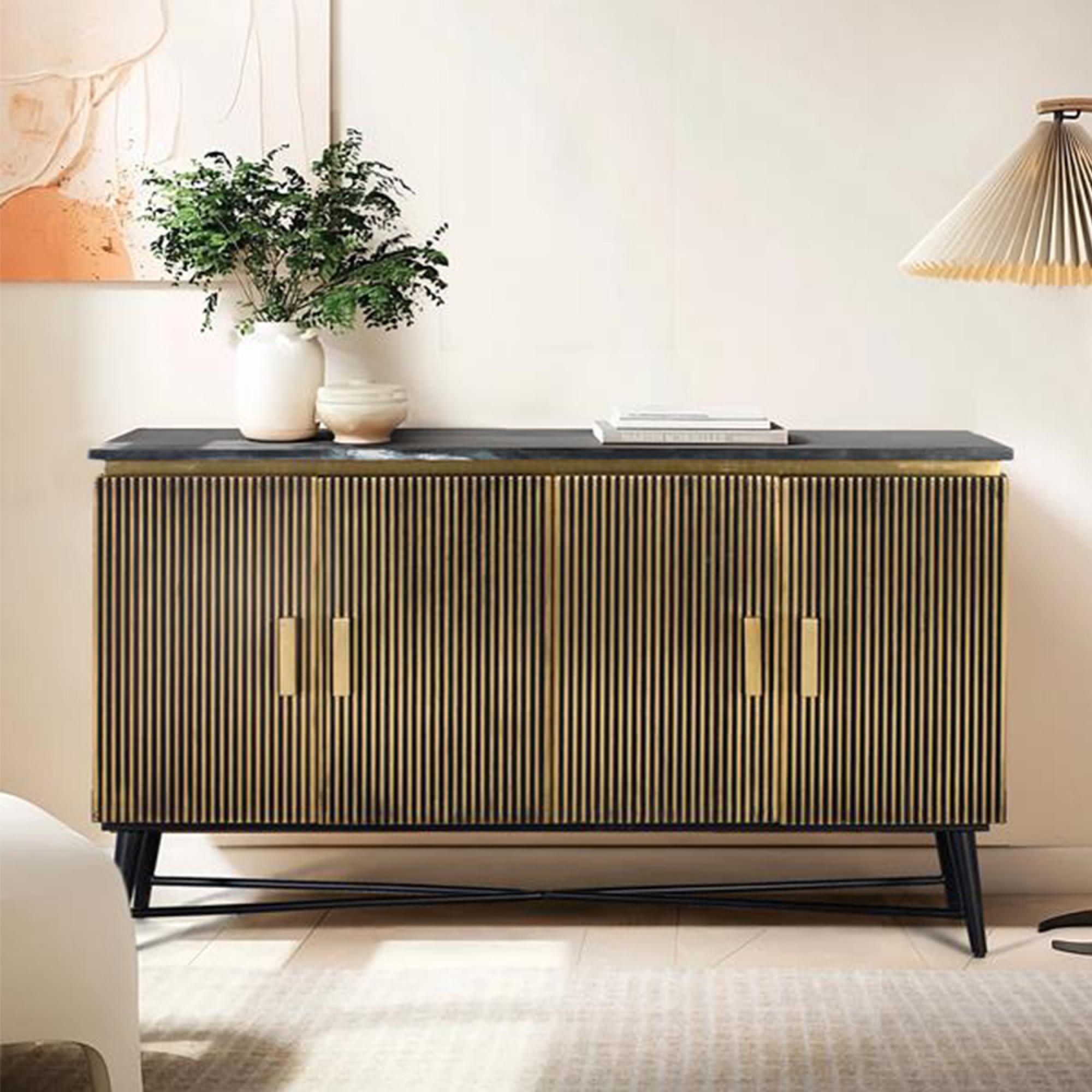 Stephen Sideboard - Ribbed Brass - 4 Door - Medium - Black Marble Top