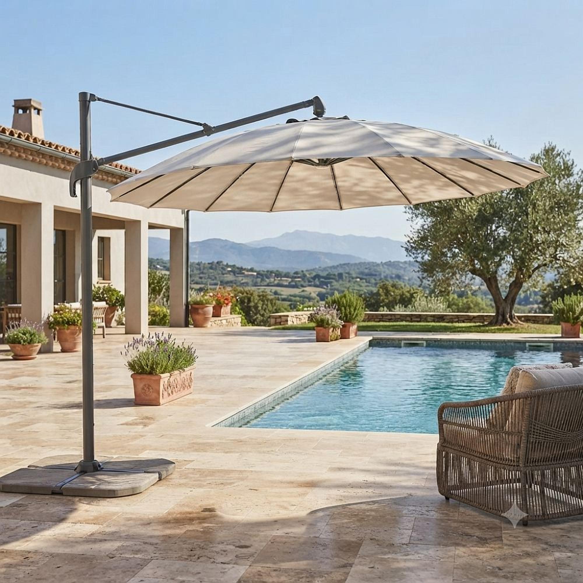 Clearance - Outdoor Cantilever Parasol - 300cm - Round - Aluminium - with Plastic Fillable Base - Ecru - FSS17417