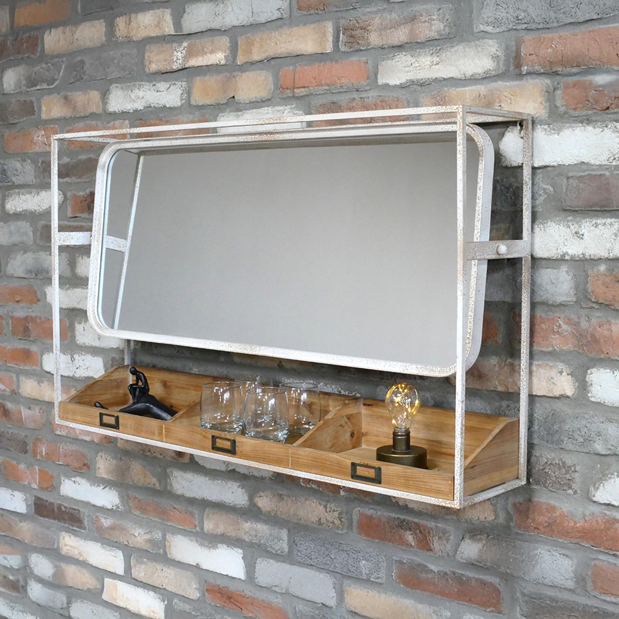 Mirror - Wood and White Metal - Wide - with Shelves