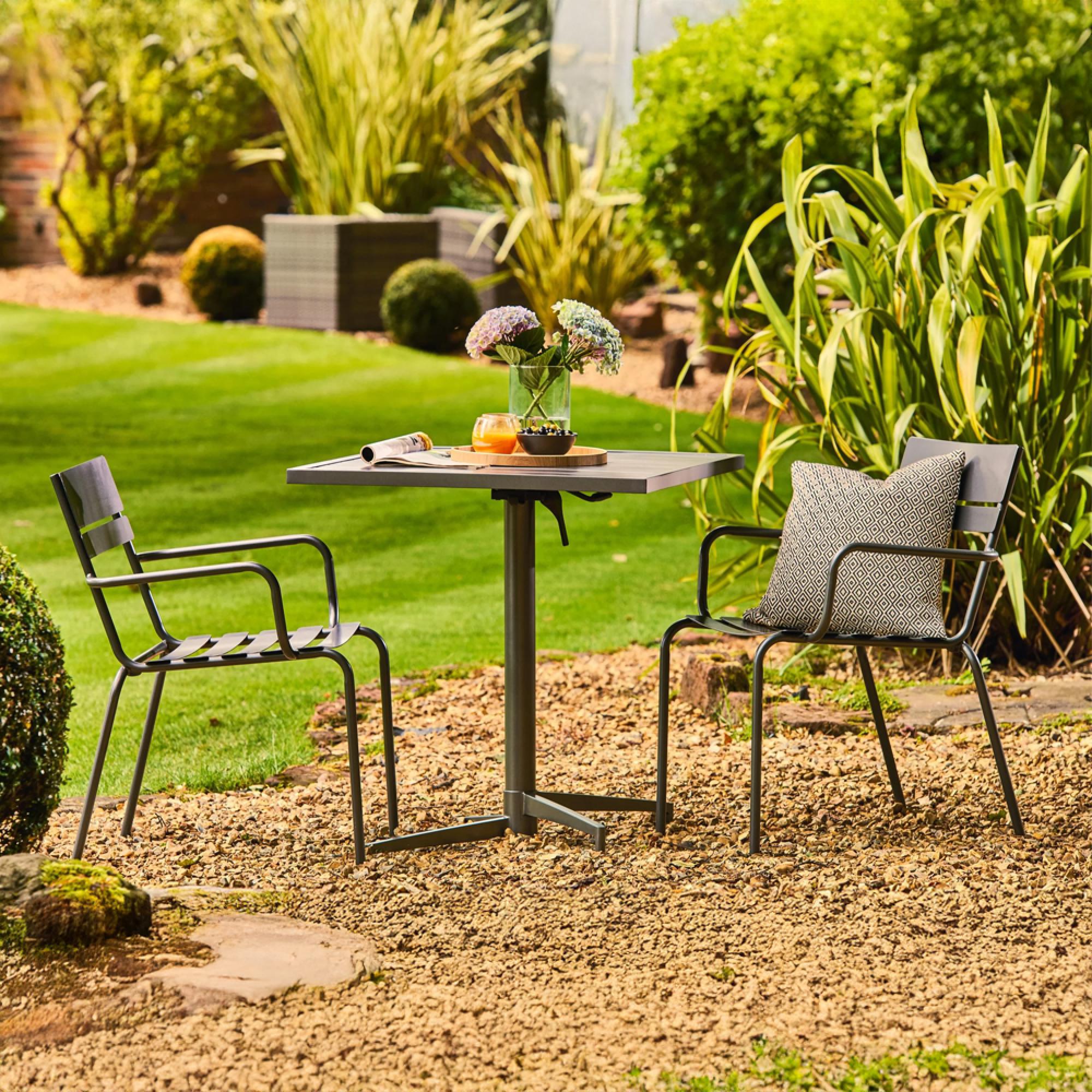 Oslo Garden Bistro Set - Square - Grey Metal - 2 Stacking Dining Armchair