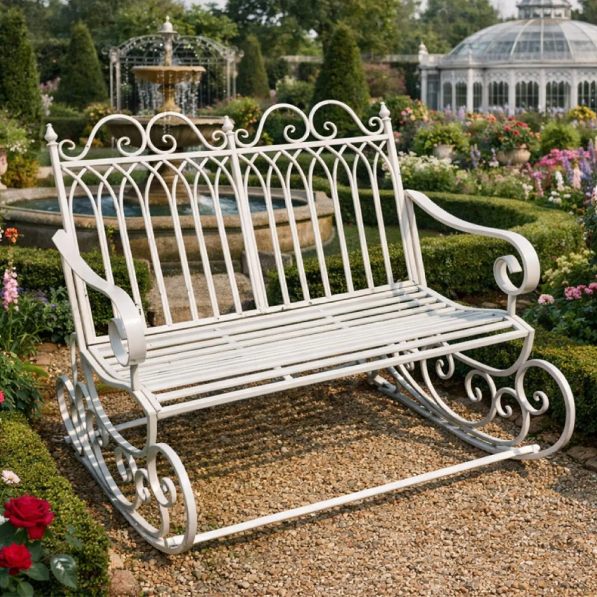 Garden Bench - Antique Cream Metal - Rocking