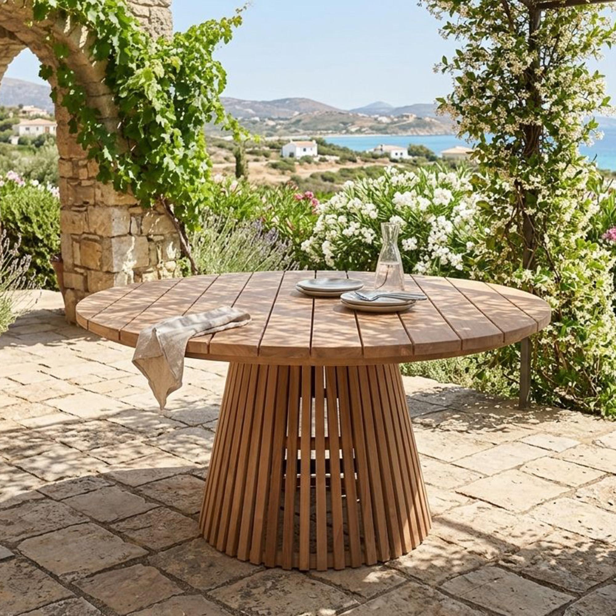 Cindo Garden Dining Table - 120cm - 4 Seater - Round - Slatted Base - Natural - Teak Wood