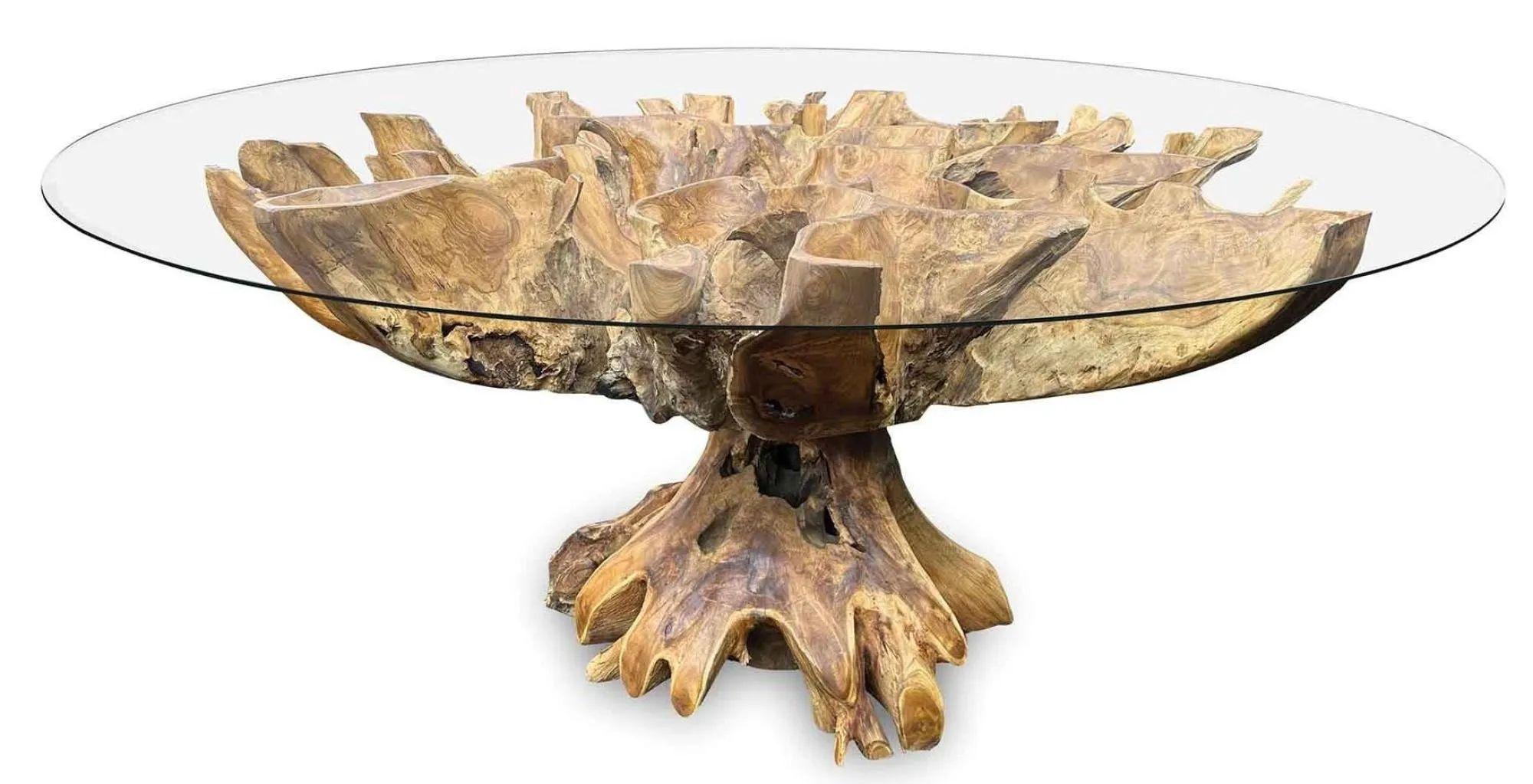 Lombok Teak Root & Glass Dining Table - Round - 8 Seater - 180cm