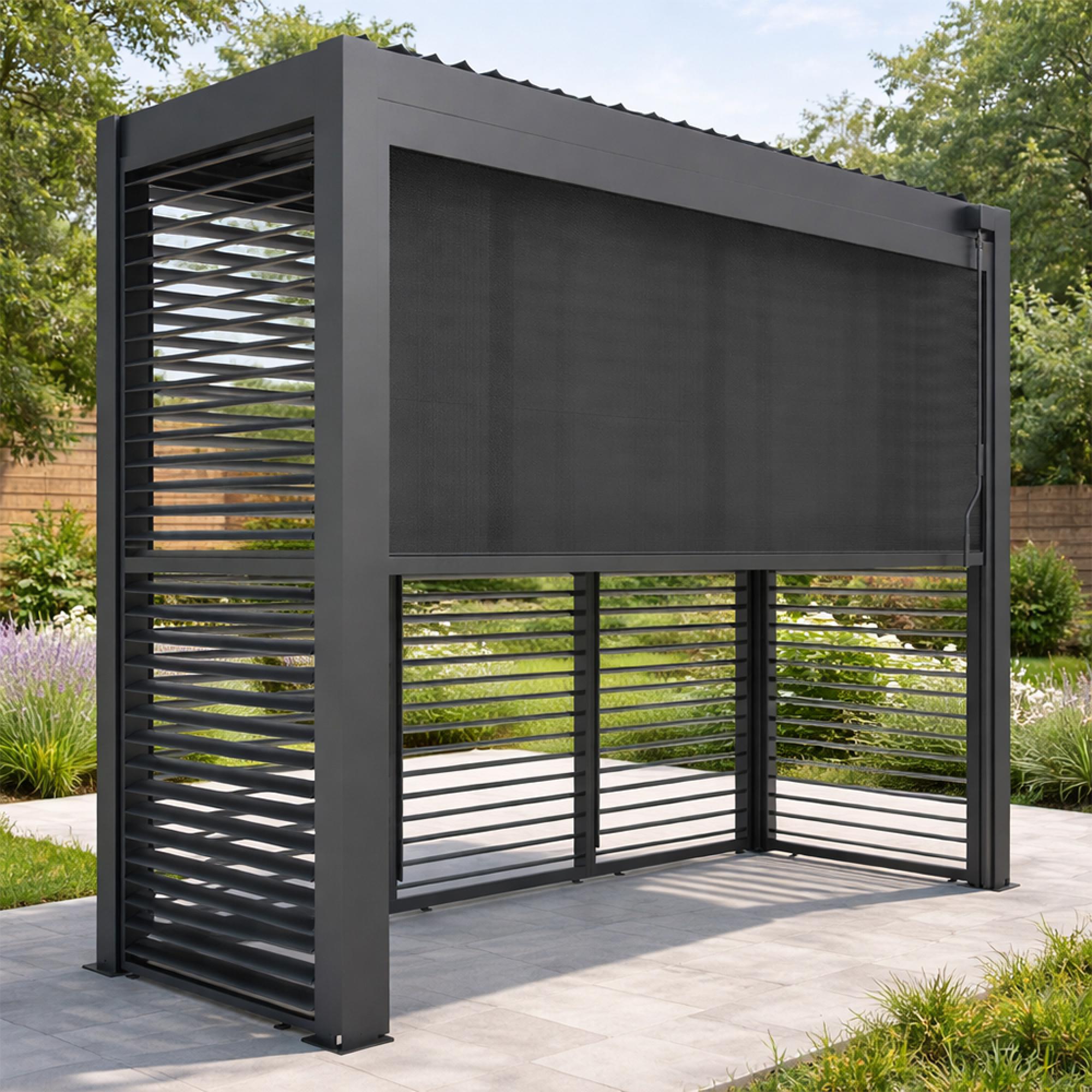 Como Outdoor BBQ Shelter - LED Lights - Back Panel Side Louvre & Blind - Grey