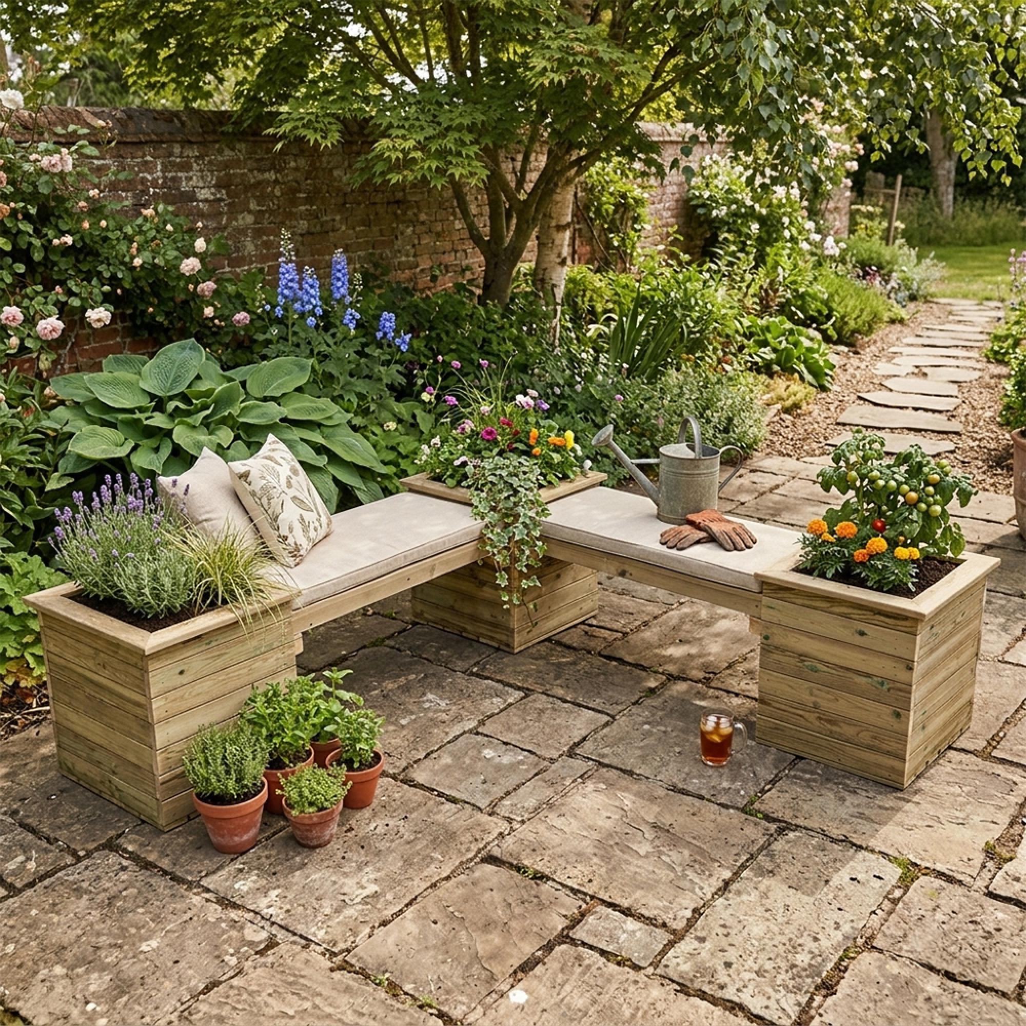 Garden Corner Planter Bench - Timber Wood