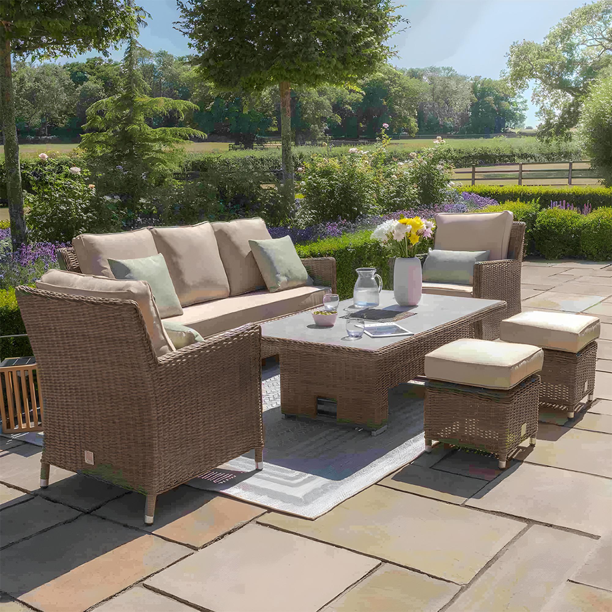 Winchester Garden Sofa Dining Set - Rising Table - Ice Bucket - Ceramic Top - Natural Rattan