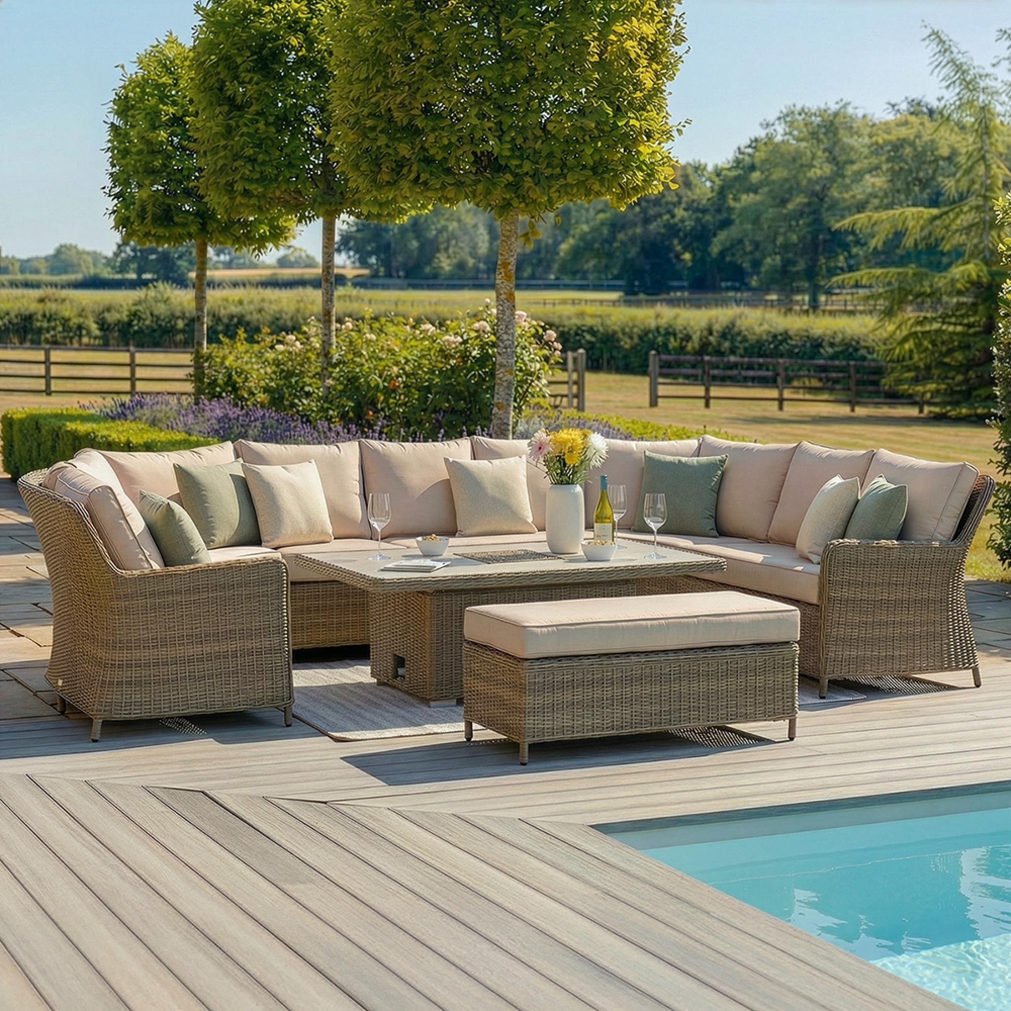 Winchester Royal U-Shaped Garden Sofa Set - Rising Table - Ceramic Top - Natural Rattan