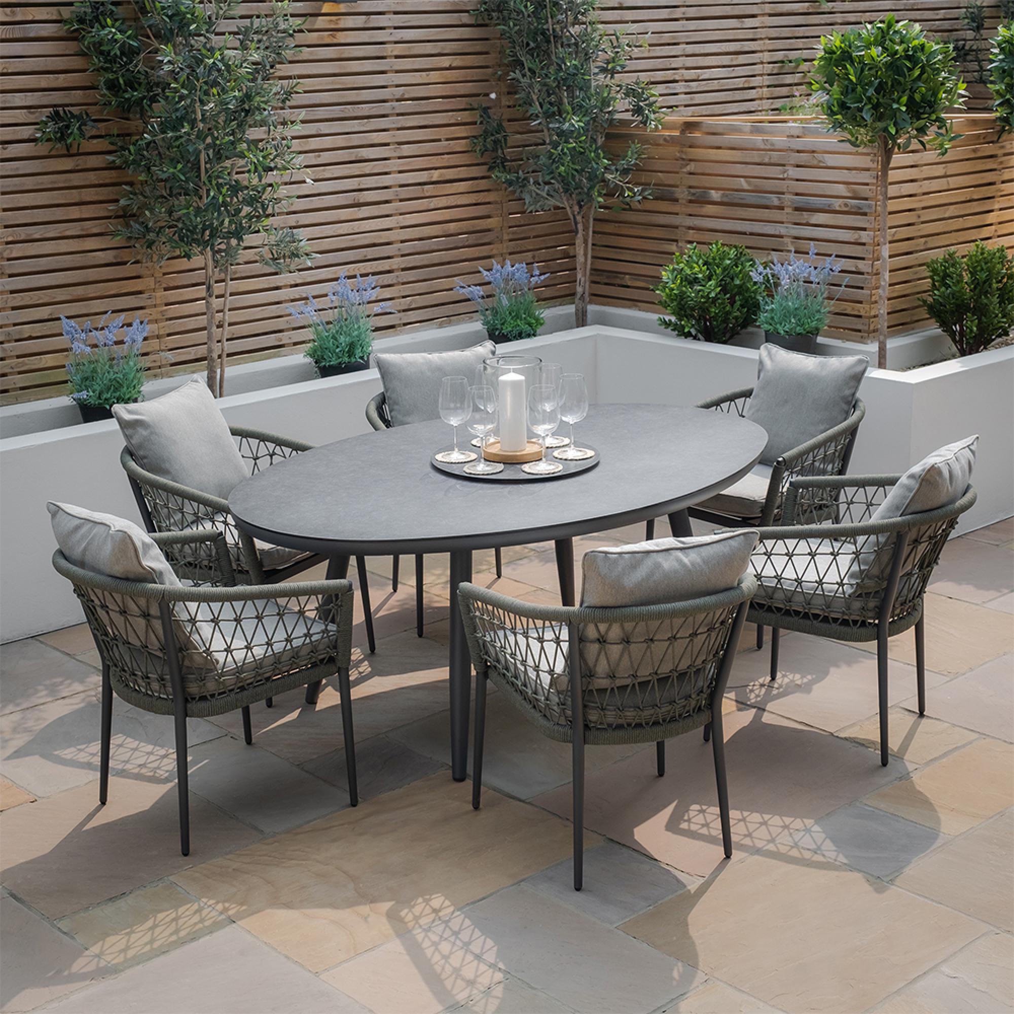 Monaco Oval Garden Dining Set - 6 Seater - 180cm - Ceramic Top - Lazy Susan - Ivy Green