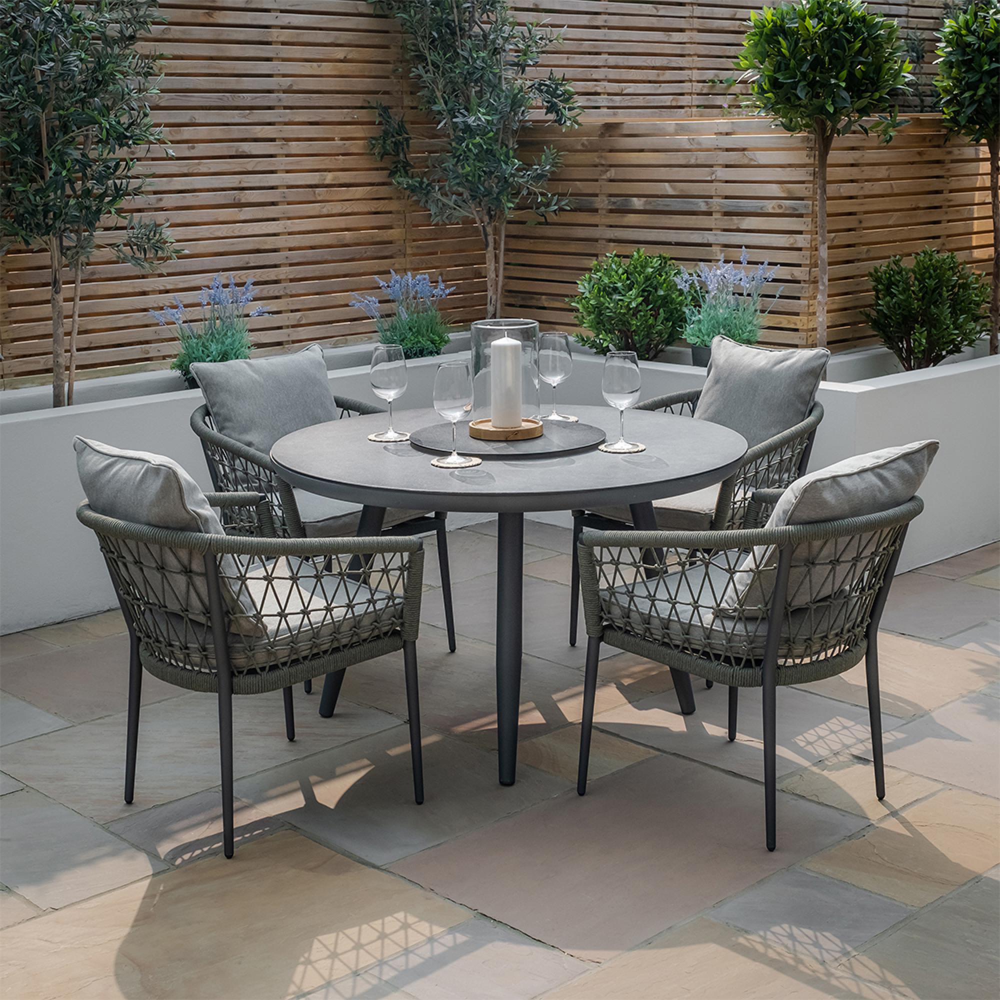 Monaco Round Garden Dining Set - 4 Seater - 120cm - Ceramic Top - Lazy Susan - Ivy Green