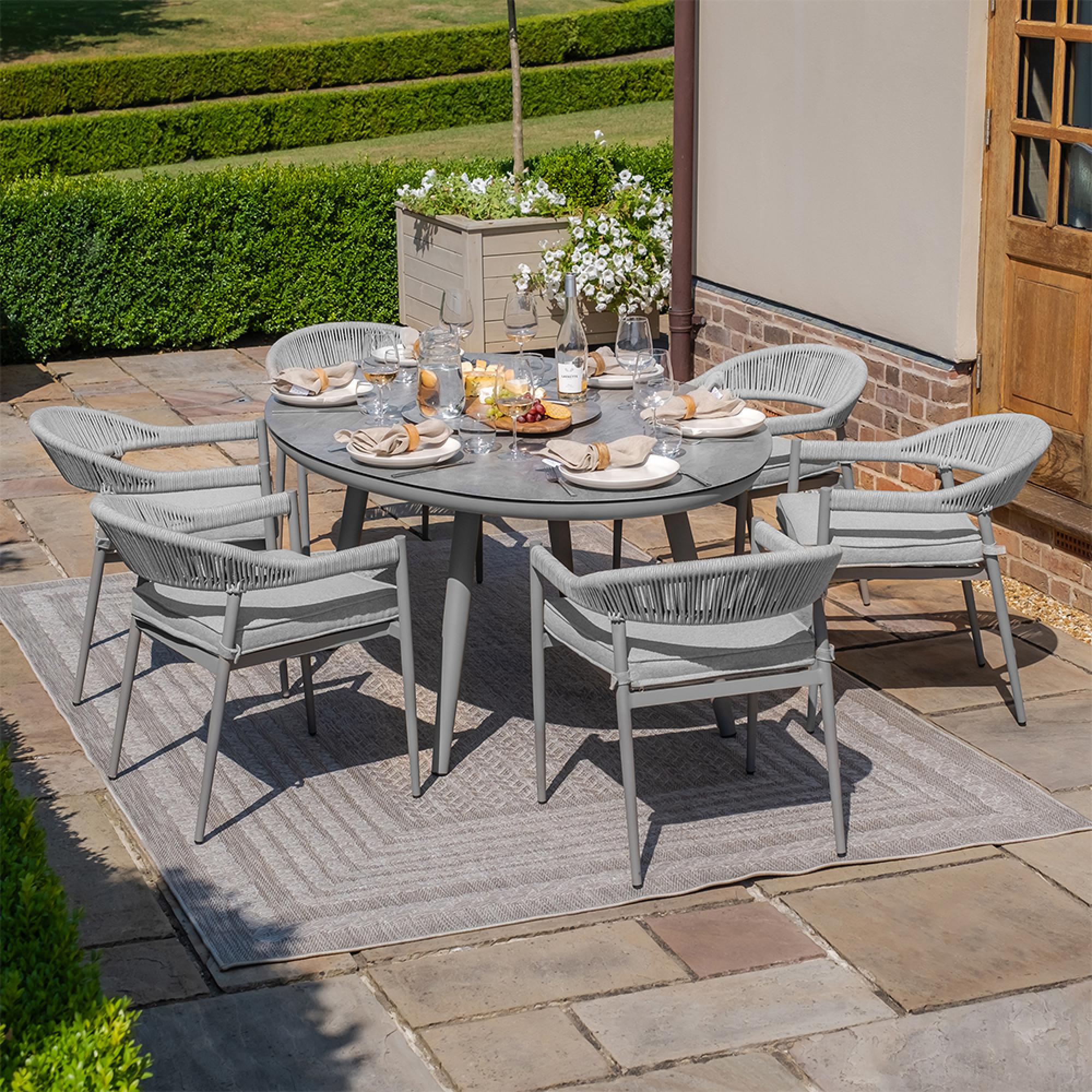 Florence Oval Garden Dining Set - 6 Seater - 180cm - Ceramic Top - Lazy Susan - Cool Linen