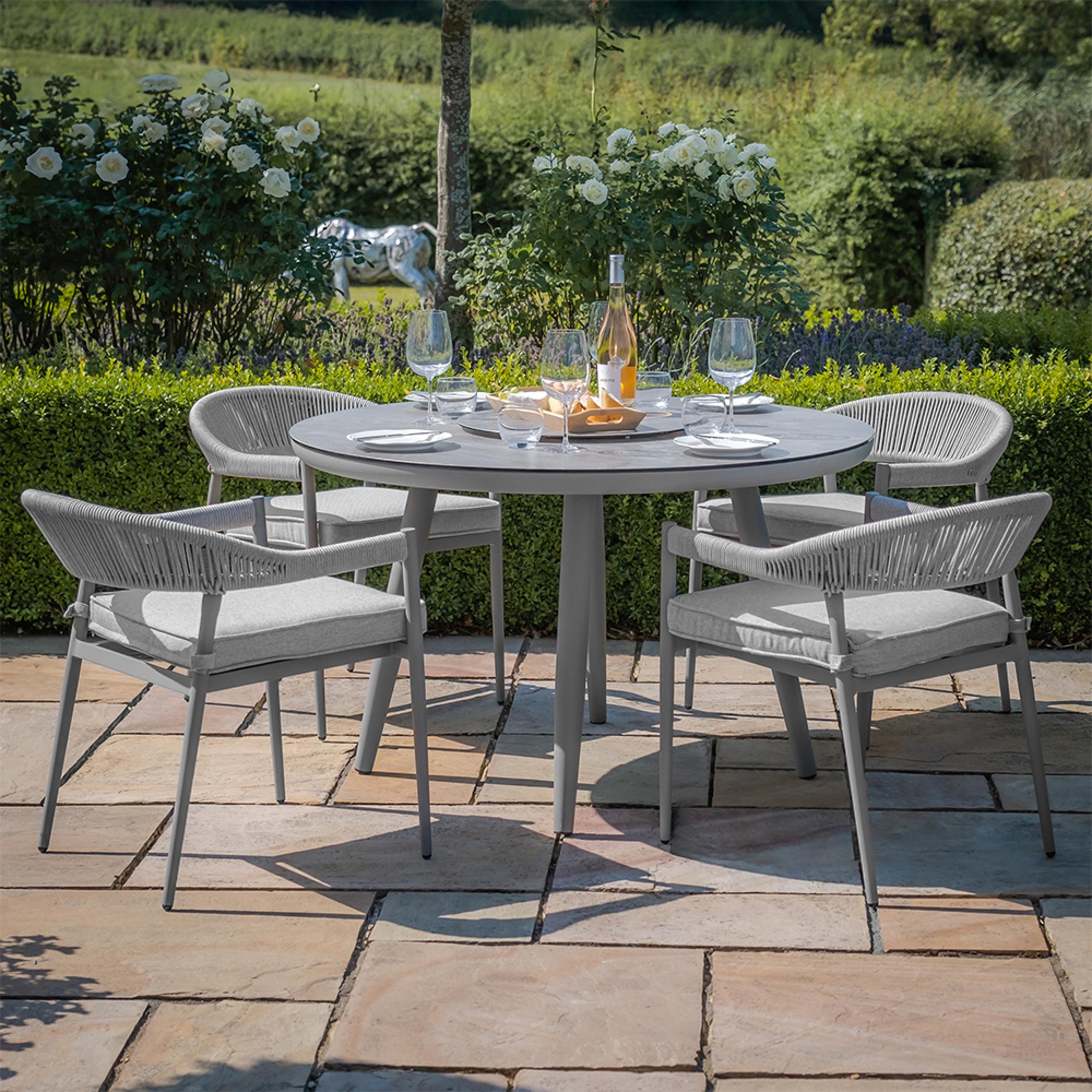 Florence Round Garden Dining Set - 4 Seater - 120cm - Ceramic Top - Lazy Susan - Cool Linen