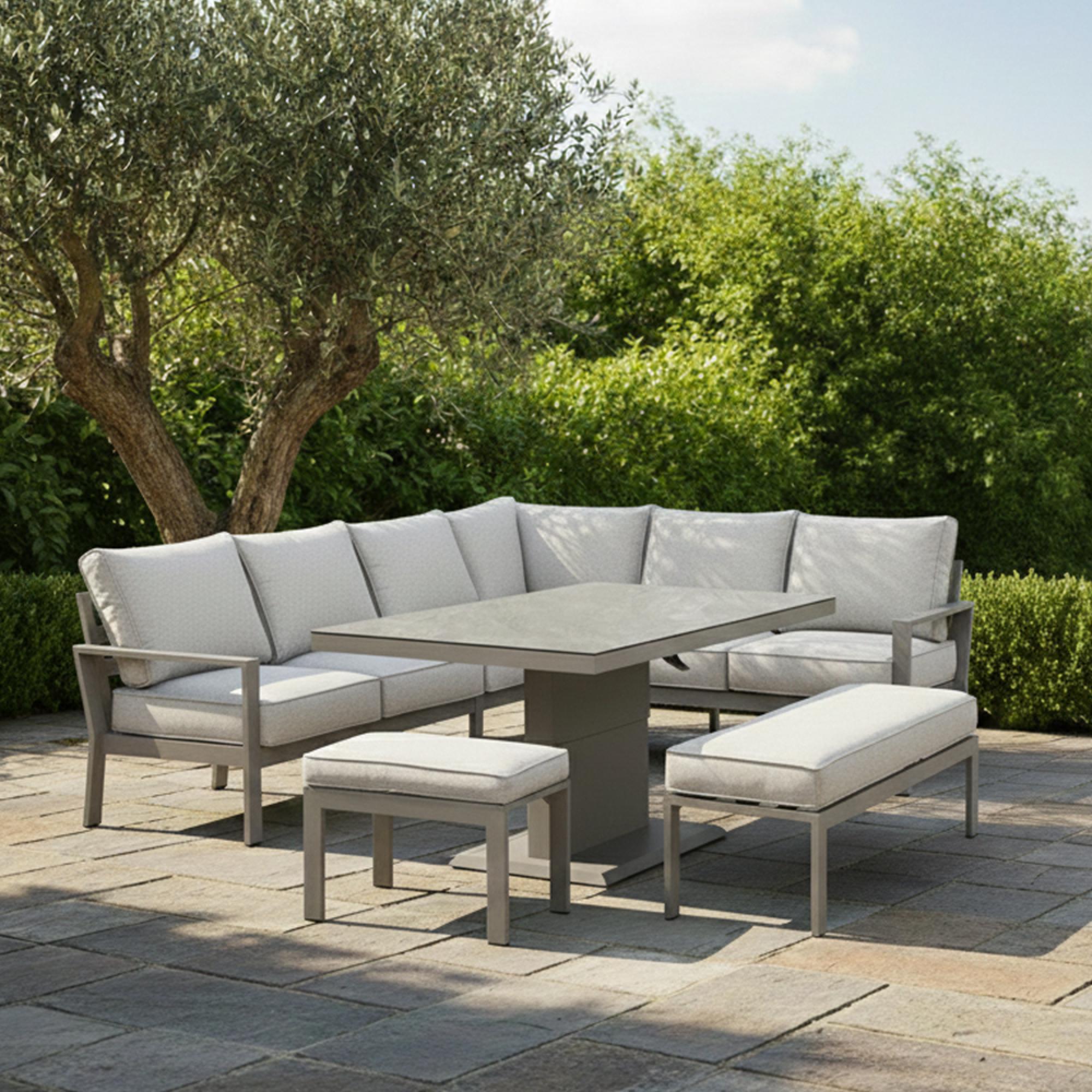 Montreal Large Corner Garden Dining Sofa Set - Rising Table - Ceramic Top - Cool Linen