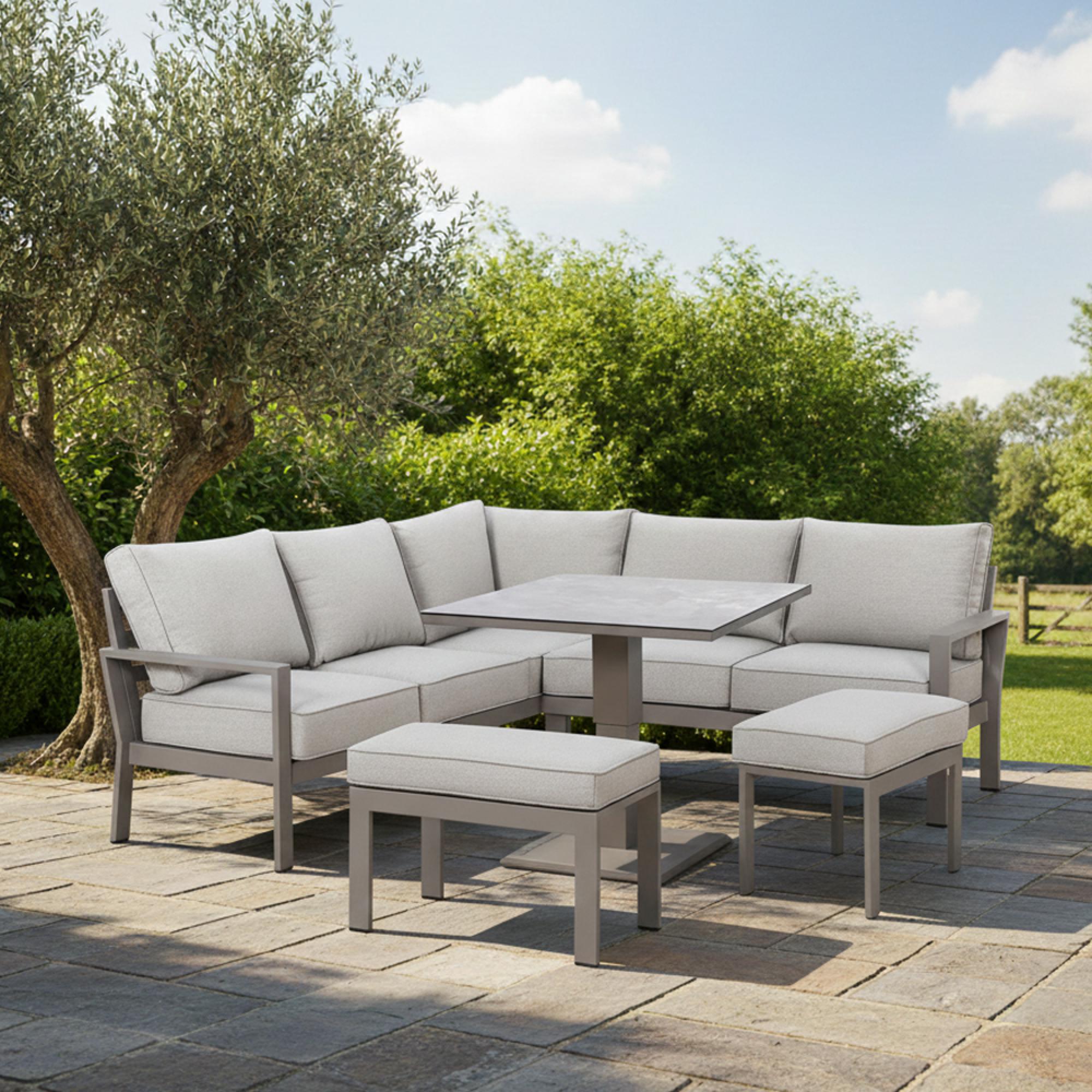 Montreal Small Corner Garden Dining Sofa Set - Rising Table - Ceramic Top - Cool Linen