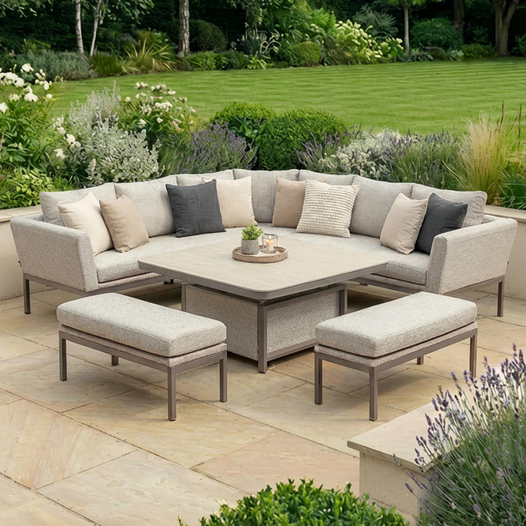 Pulse Deluxe Square Corner Garden Dining Set - Rising Table - Ceramic Top - Latte