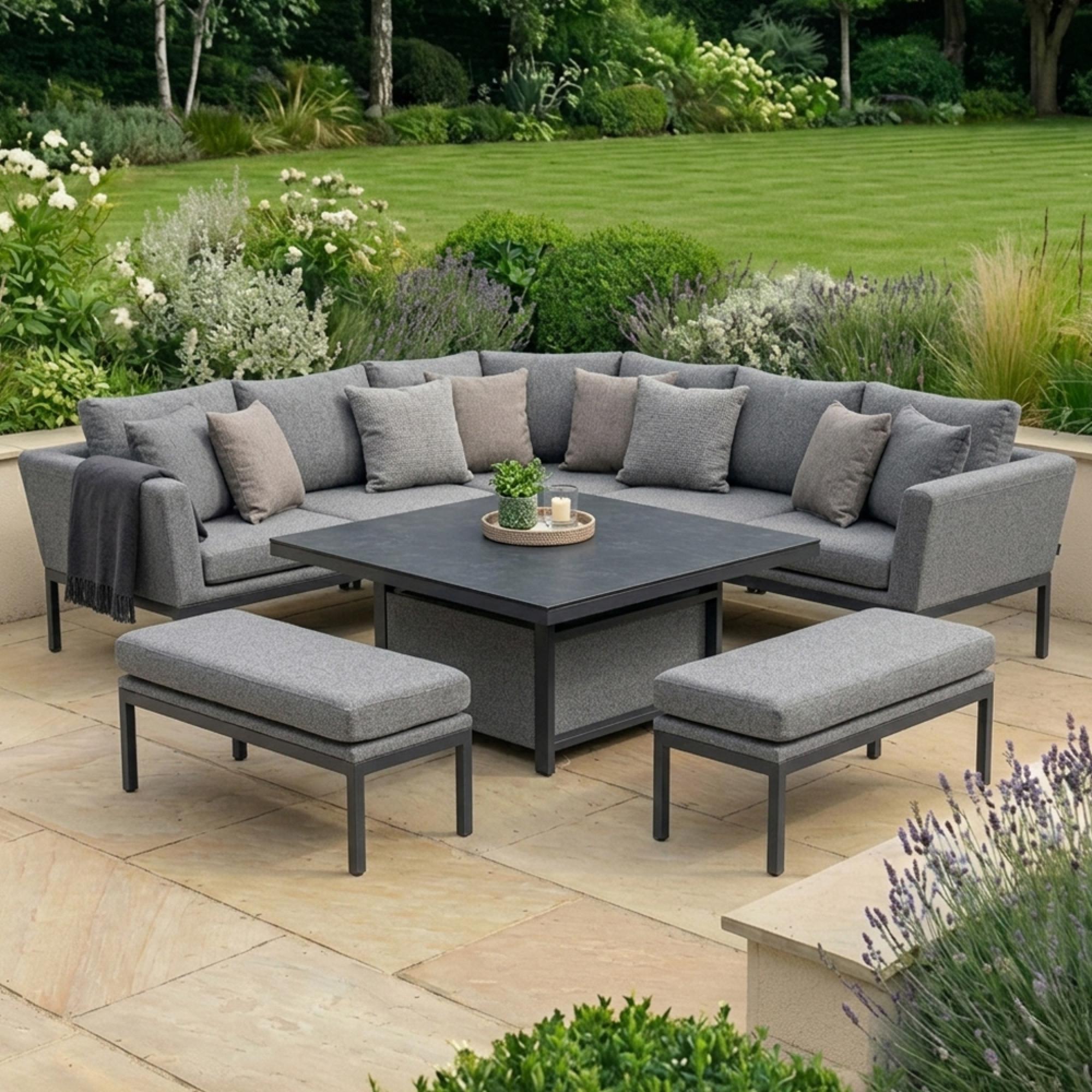 Pulse Deluxe Square Corner Garden Dining Set - Rising Table - Ceramic Top - Zinc Grey