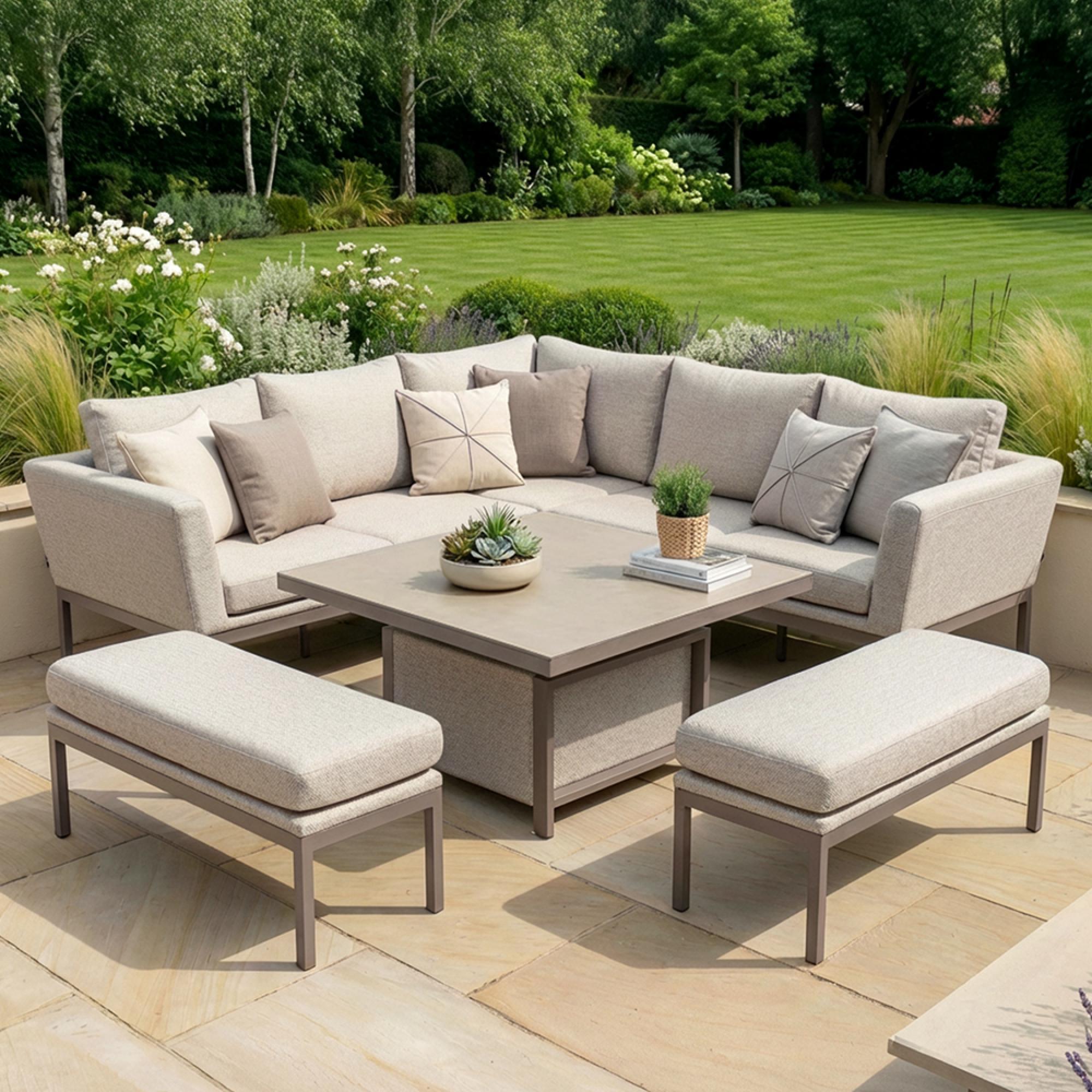 Pulse Square Corner Garden Dining Set - Rising Table - Ceramic Top - Latte