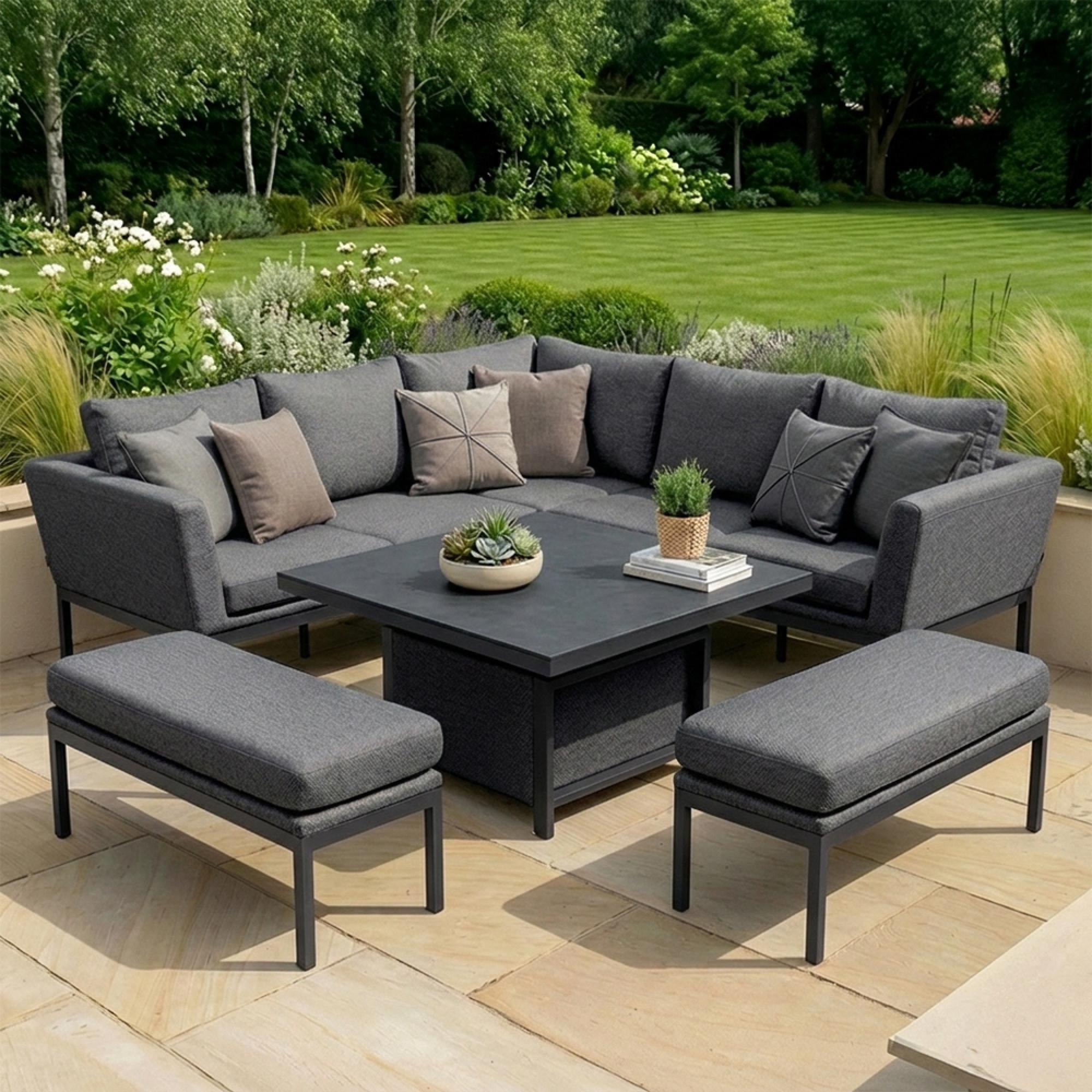 Pulse Square Corner Garden Dining Set - Rising Table - Ceramic Top - Zinc Grey