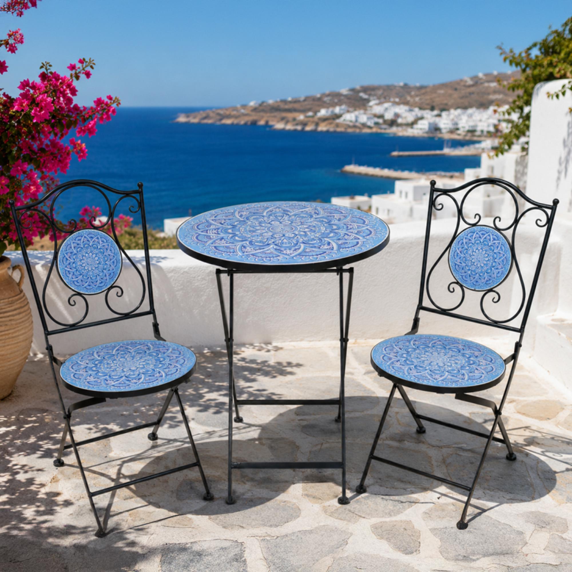 Mykonos Mosiac Garden Bistro Set - Round - Blue and Black - Metal - 2 Chairs