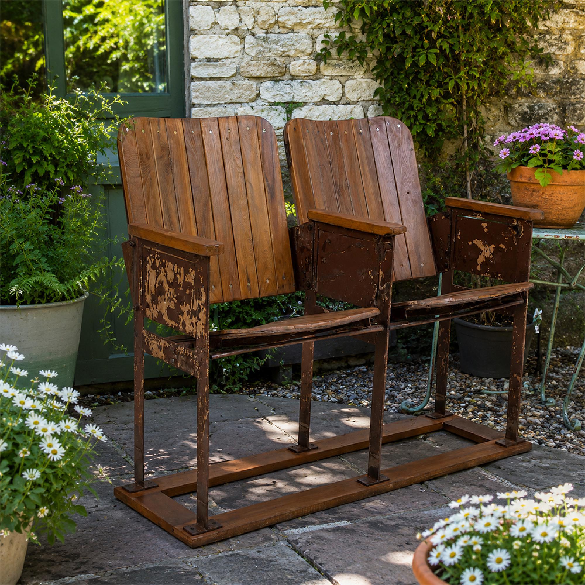 Distressed Cinema Armchair - 2 Seater - Brown - Wood and Metal