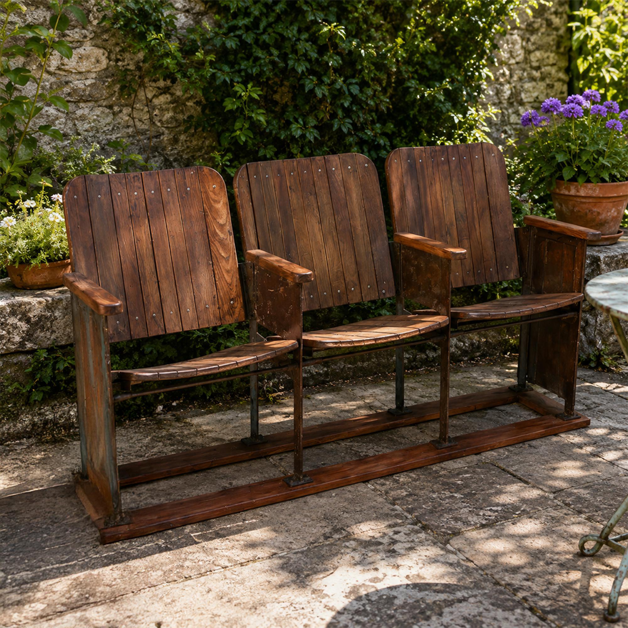 Distressed Cinema Armchair - 3 Seater - Brown - Wood and Metal