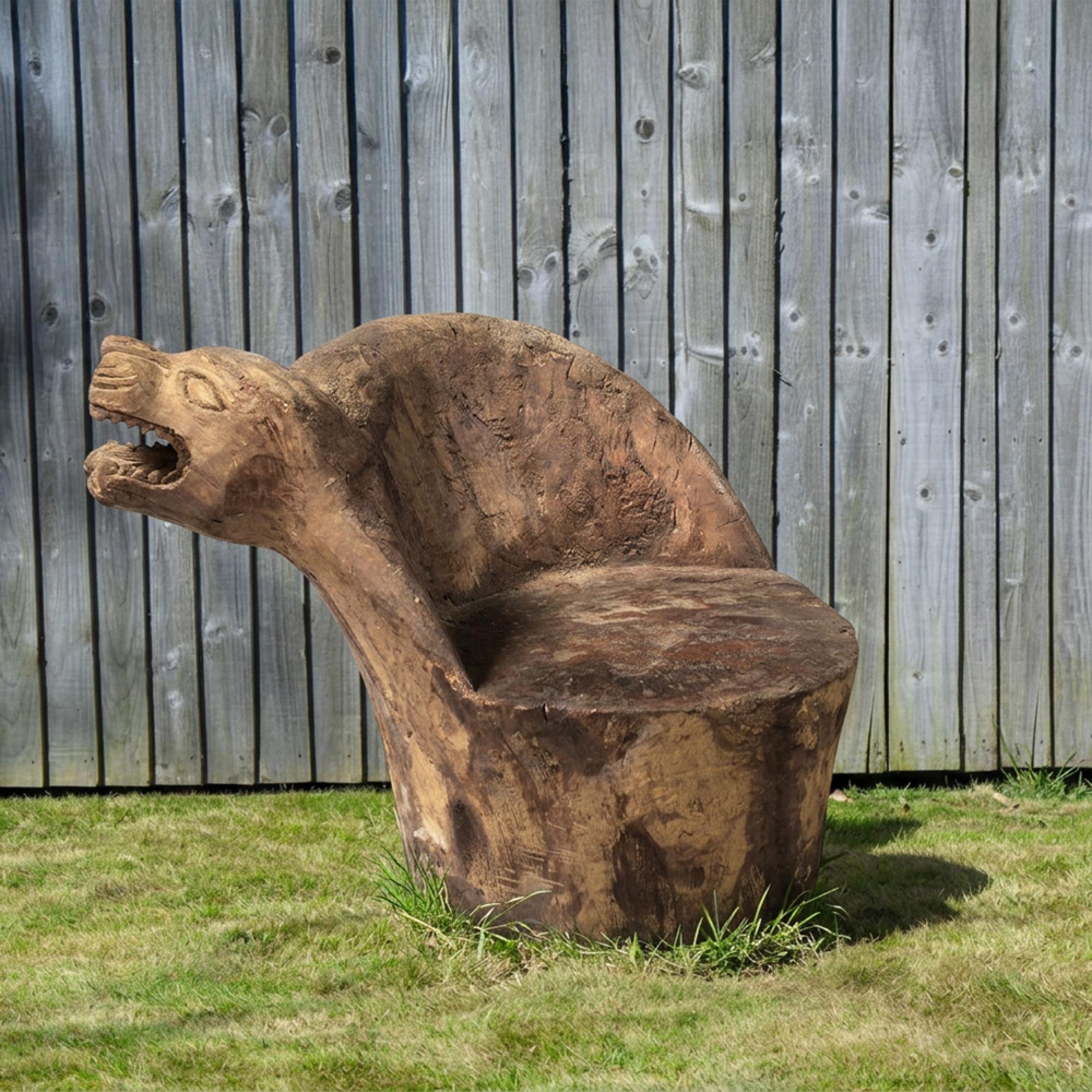 Distressed Outdoor Animal Accent Chair - Hand Carved - Natural - Wooden