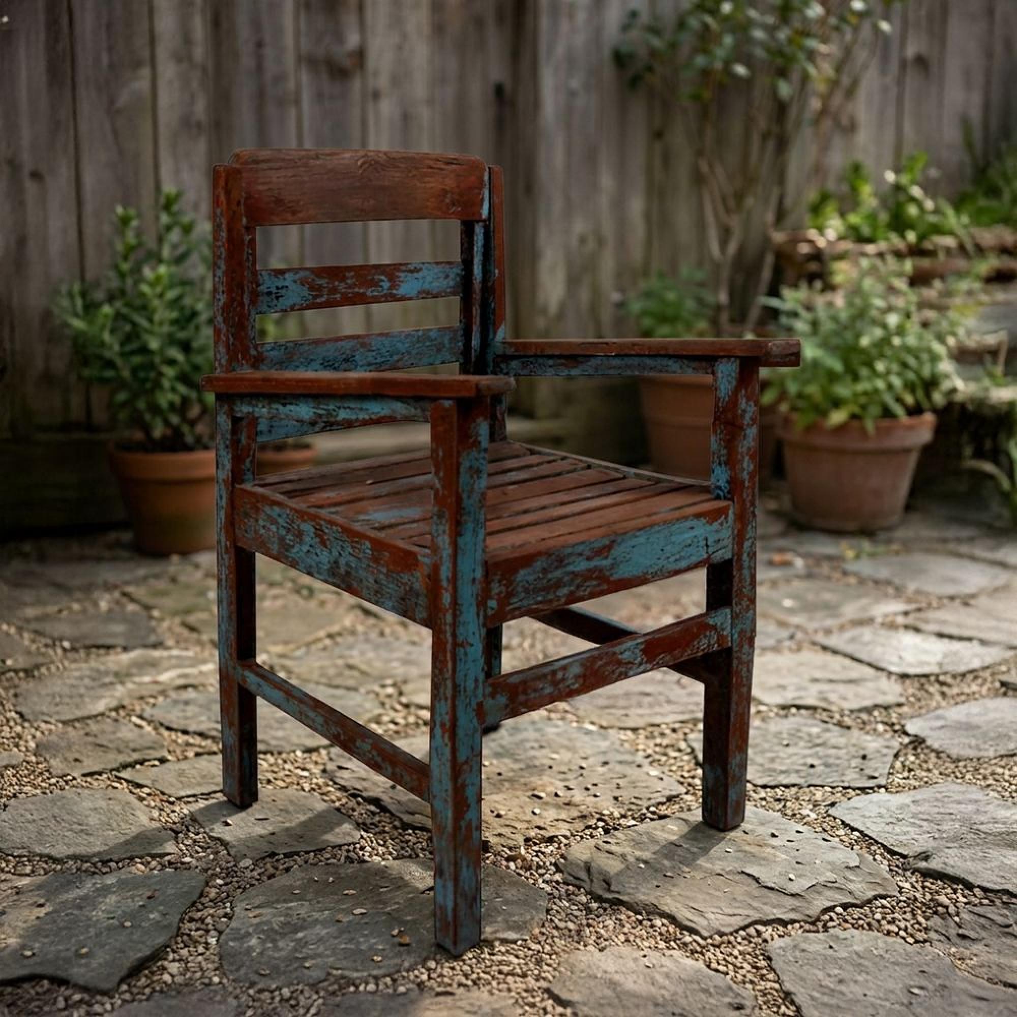 Distressed Outdoor Armchair - Blue and Brown - Reclaimed Wood