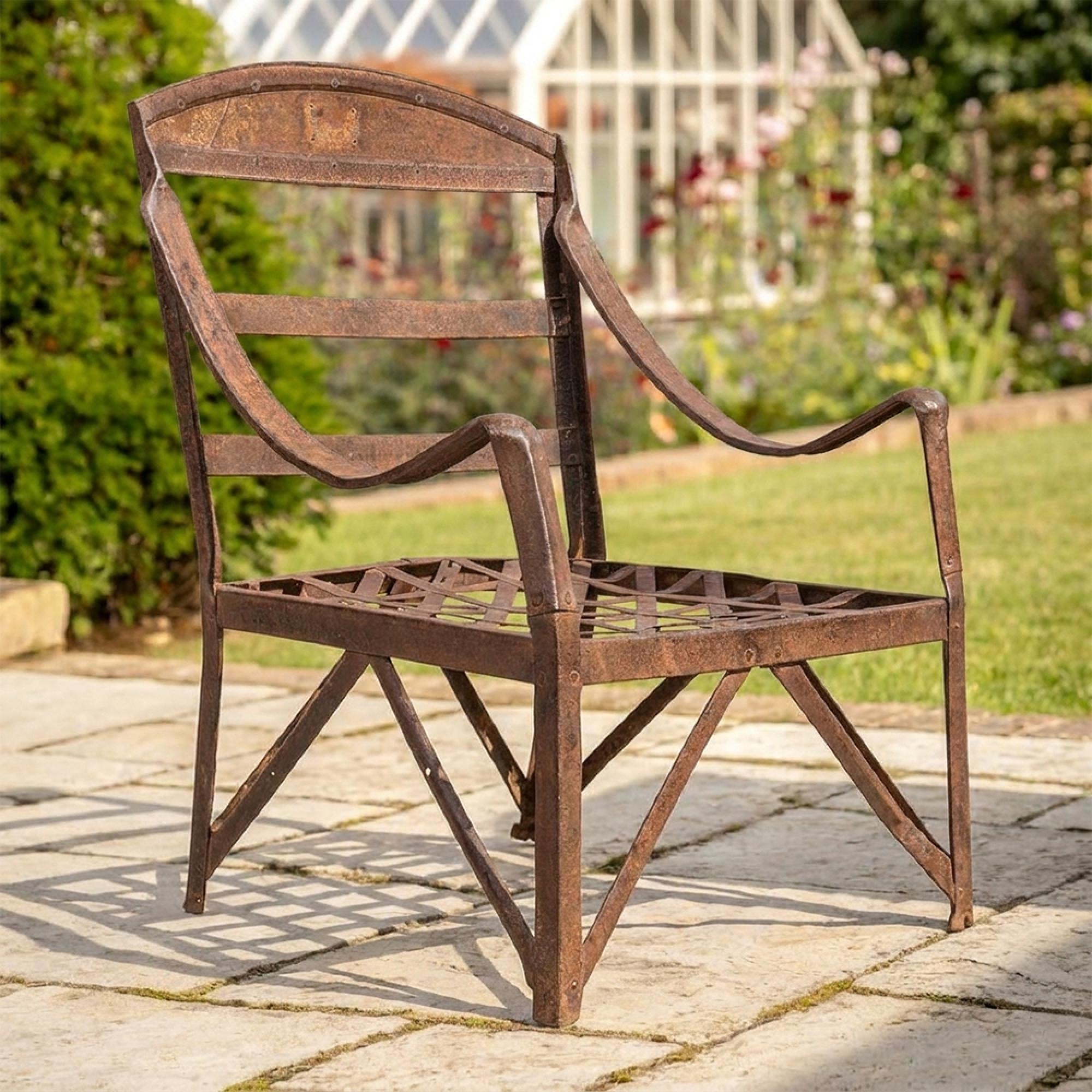 Industrial Outdoor Armchair - Curved Armrests - Distressed Rust Effect - Metal