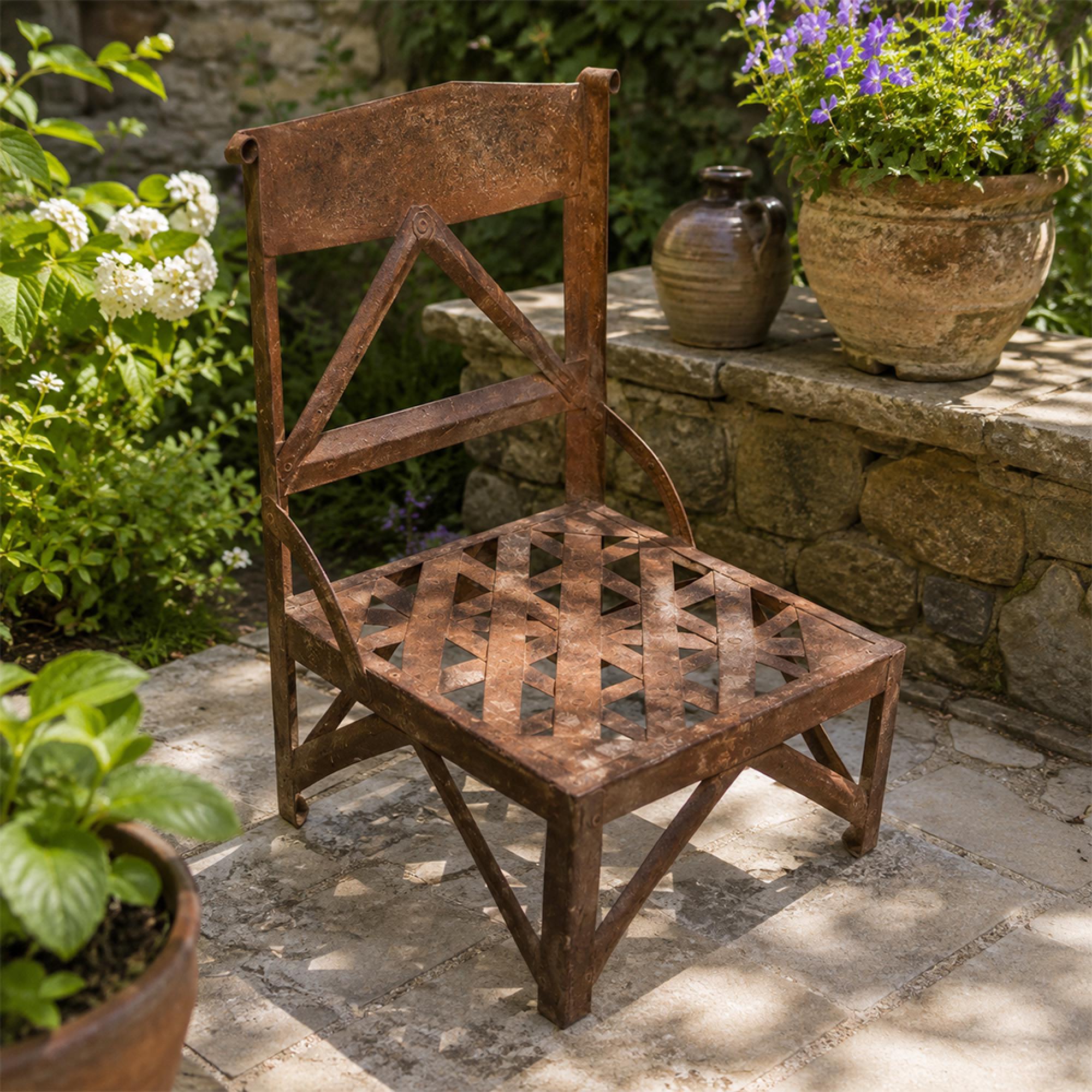 Industrial Outdoor Chair - Geometric Seat - Distressed Rust Effect - Metal