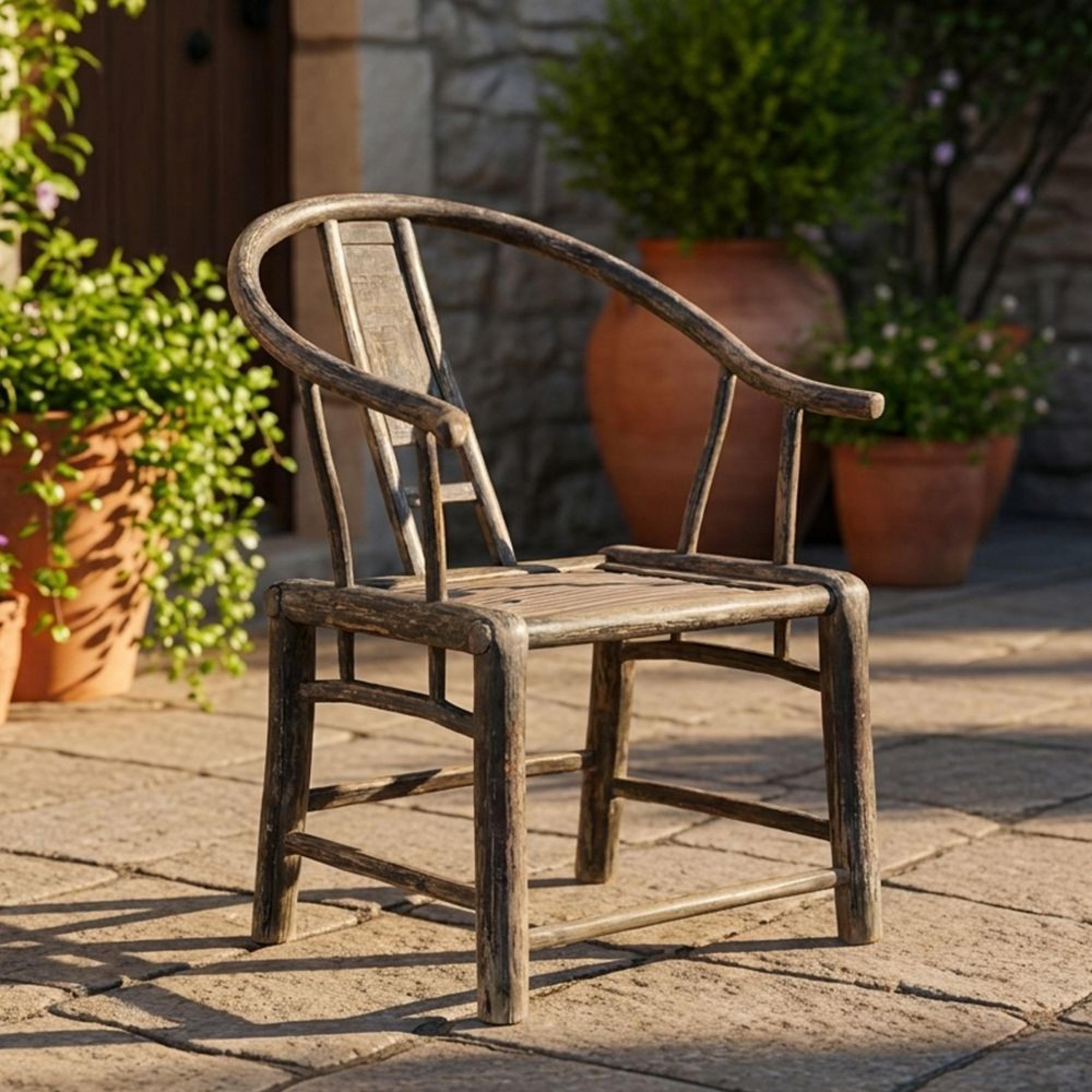 Unique One of a Kind - Outdoor Horseshoe Armchair - Handcrafted - Curved Back - Natural Weathered - Elm Wood