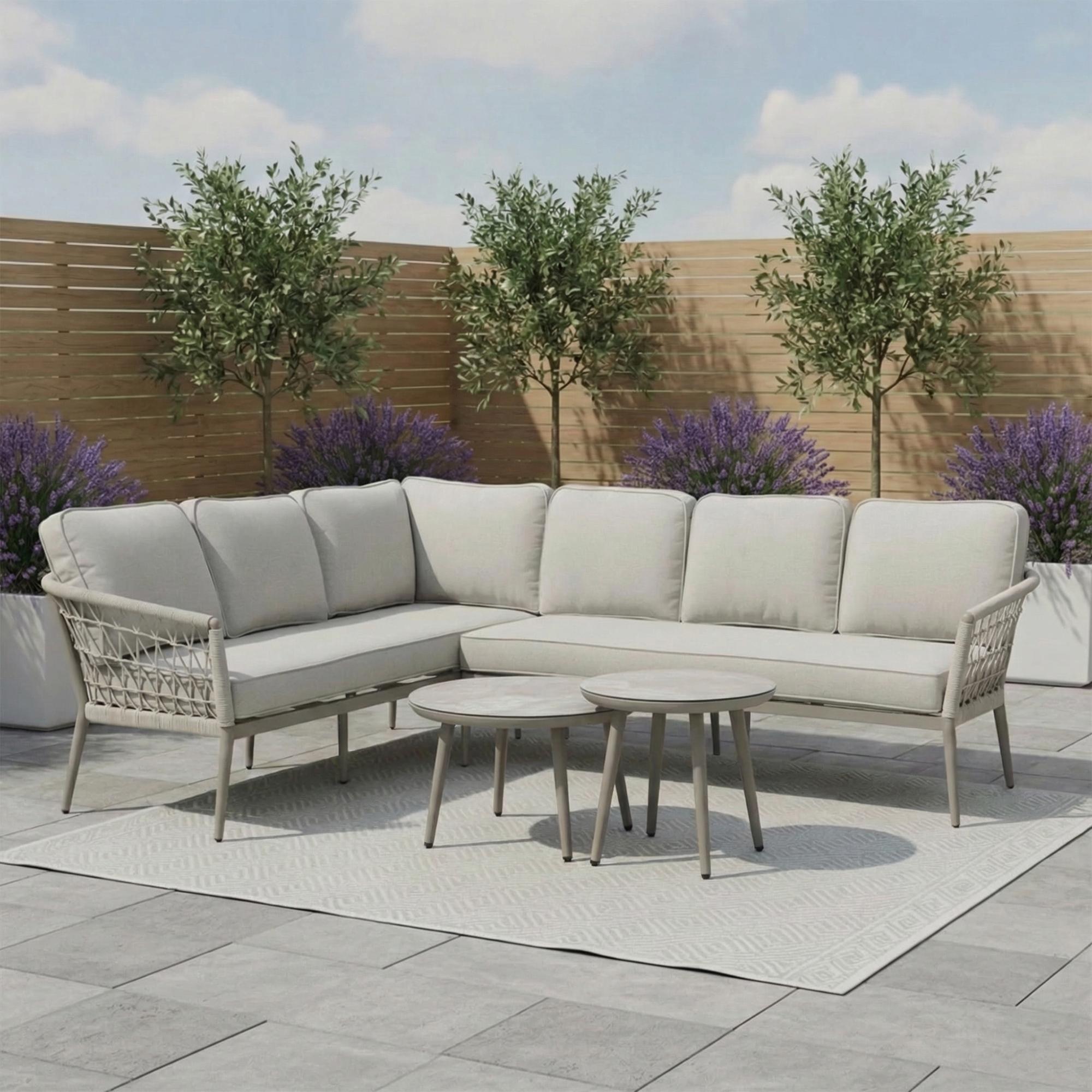 Monaco Large Corner Garden Sofa Set - Coffee Table - Ceramic Top - Cool Linen
