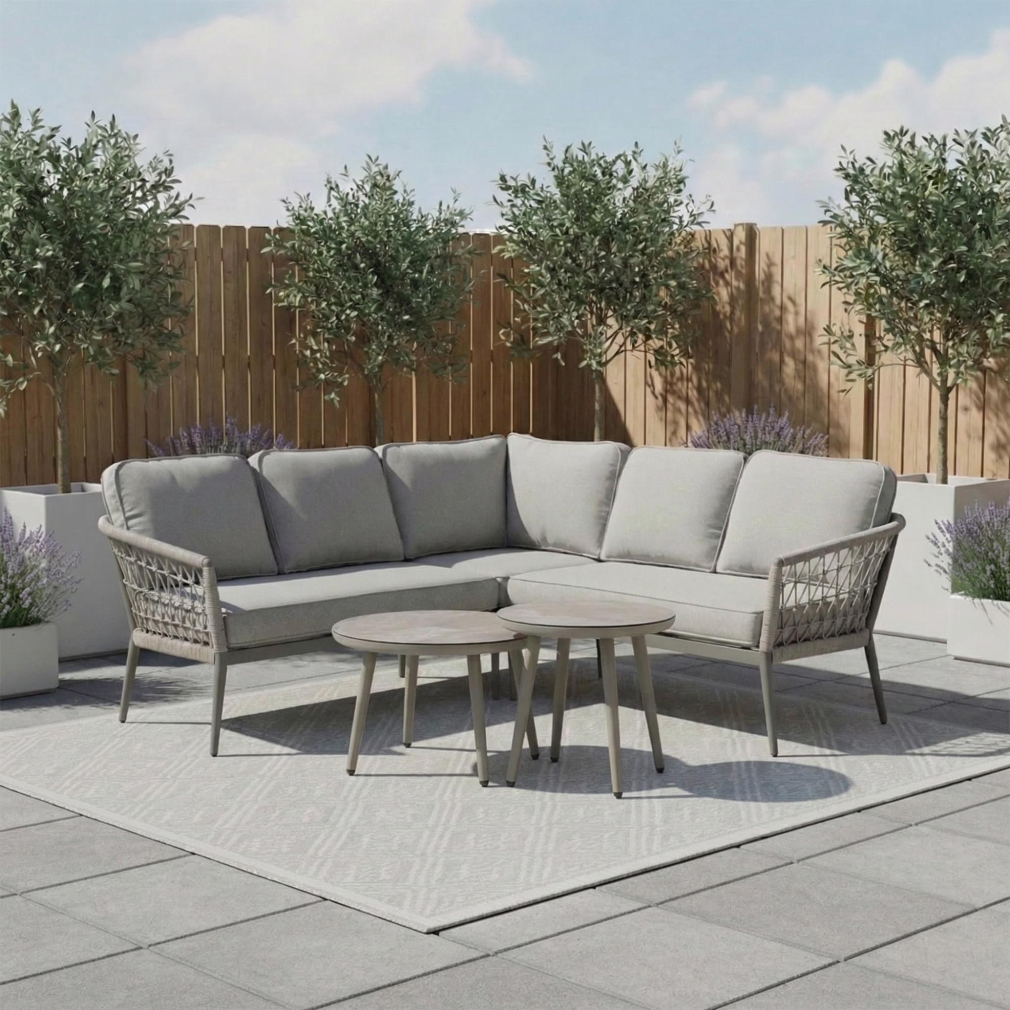 Monaco Small Corner Garden Sofa Set - Coffee Table - Ceramic Top - Cool Linen