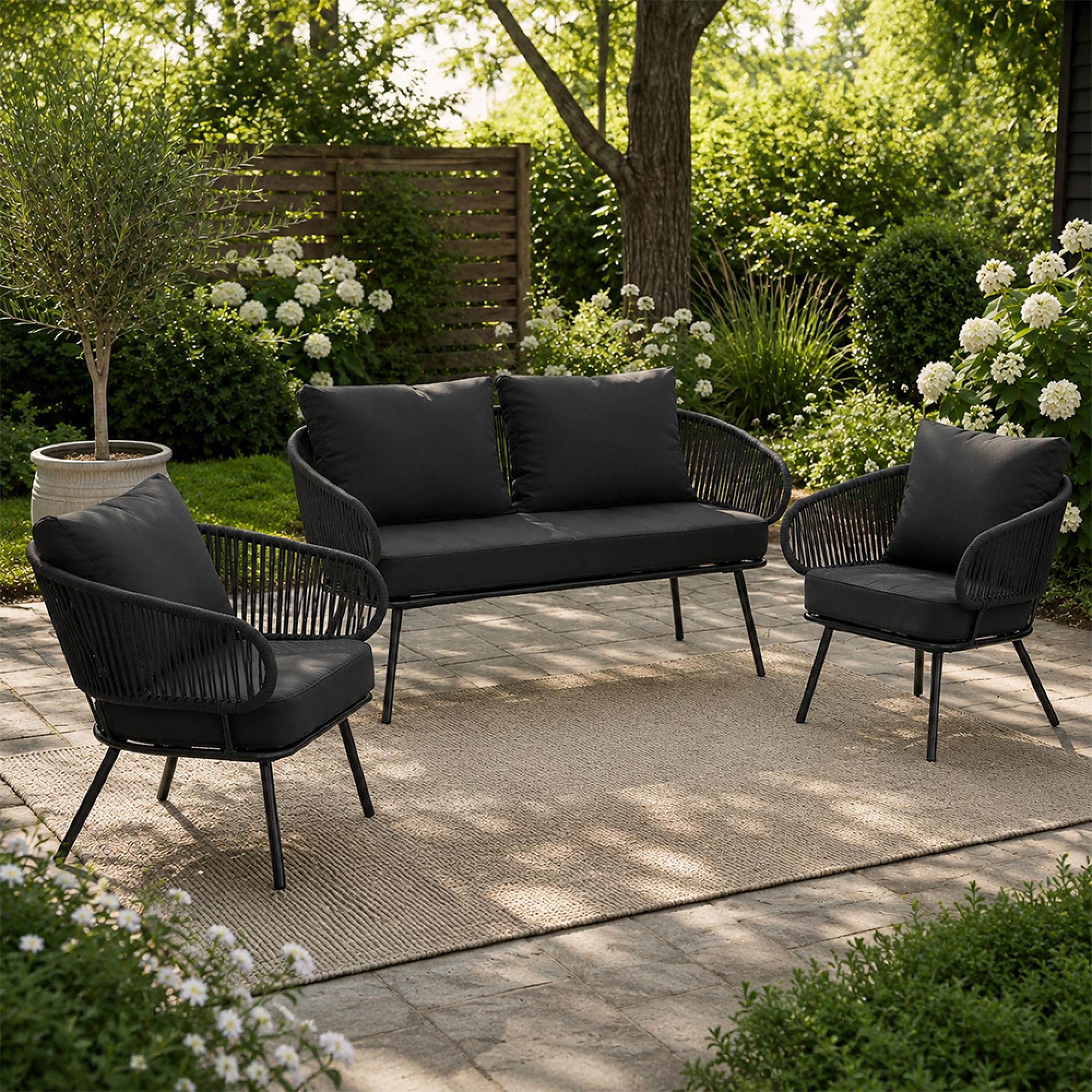 Poa Outdoor Sofa Set - 2+1+1 Seater - Black - Rattan and Metal