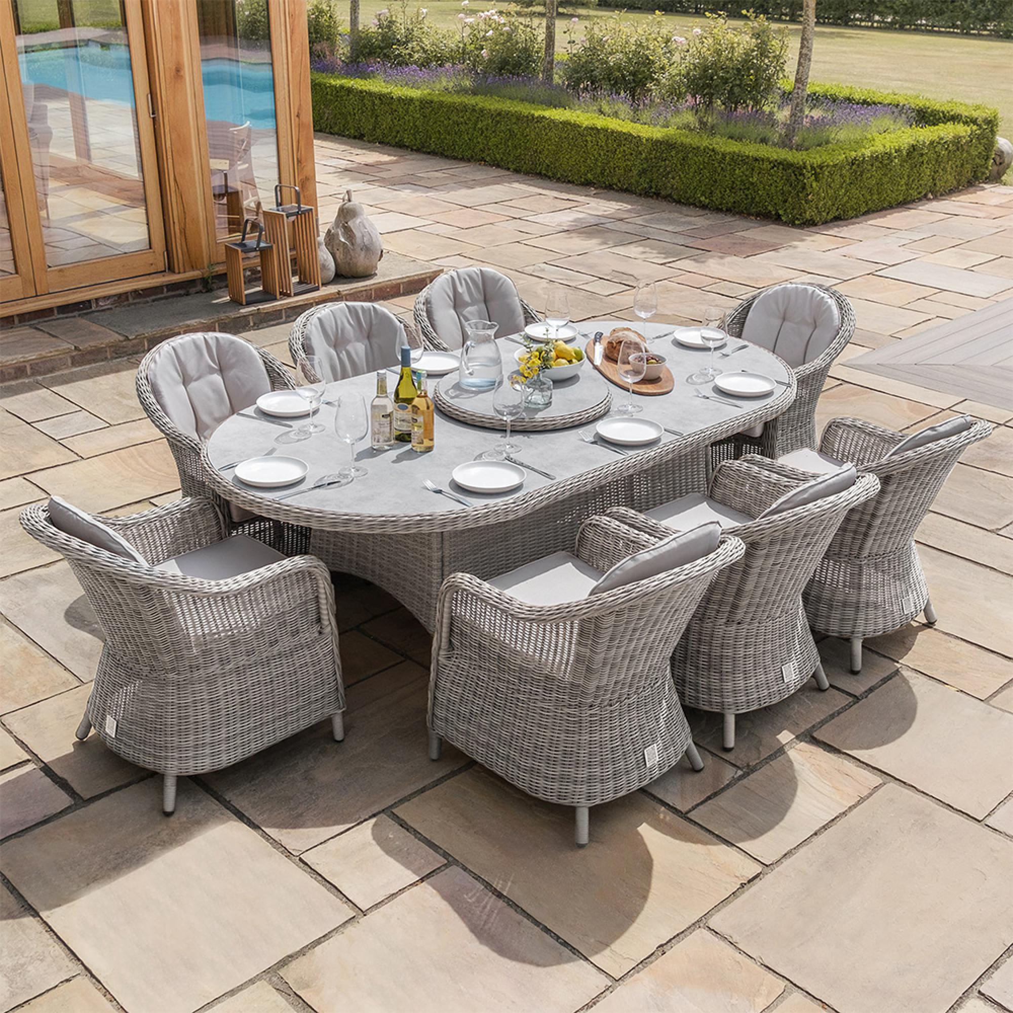 Oxford Heritage Oval Garden Dining Set - 8 Seater - 120cm - Lazy Susan & Ice Bucket - Ceramic Top - Grey Rattan