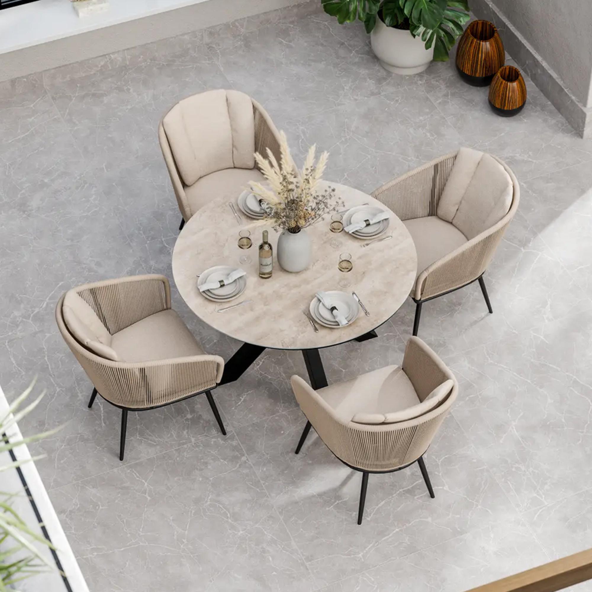 Bali Garden Dining Set - 4 Seater - 120cm - Round - Ceramic Top - 4 Rope Chairs