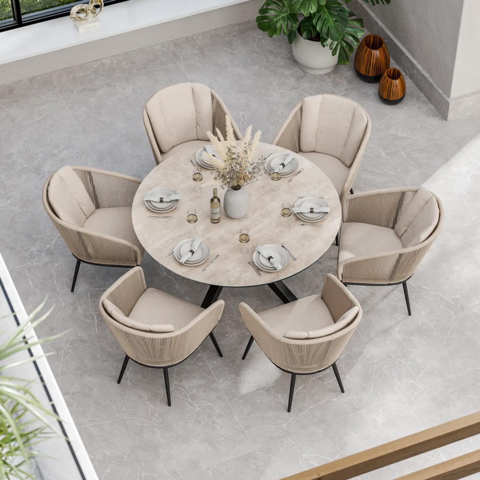 Bali Garden Dining Set - 6 Seater - 150cm - Round - Ceramic Top - 6 Rope Chairs