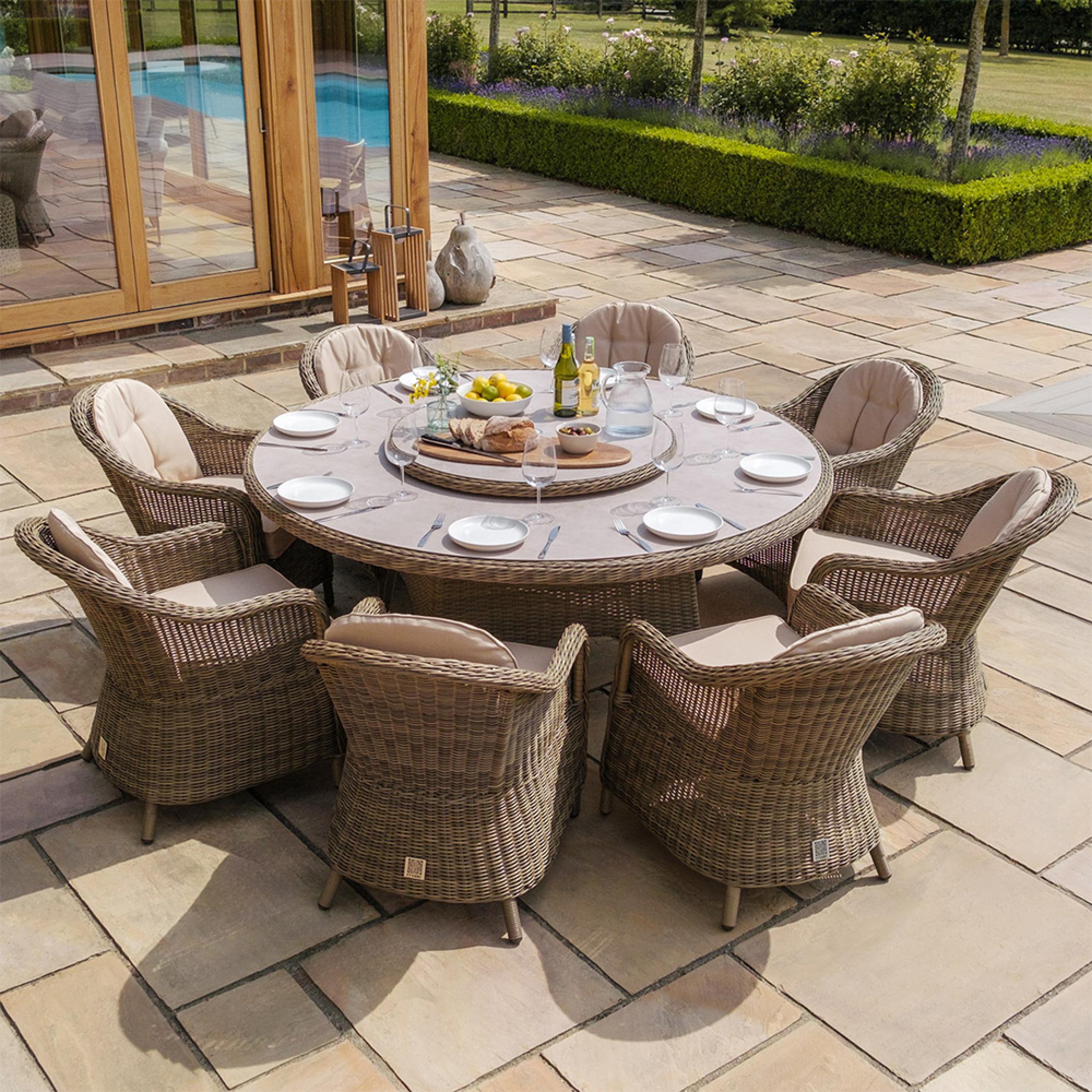 Winchester Round Garden Dining Set - 8 Seater - 180cm - Lazy Susan - Ceramic Top - Natural Rattan