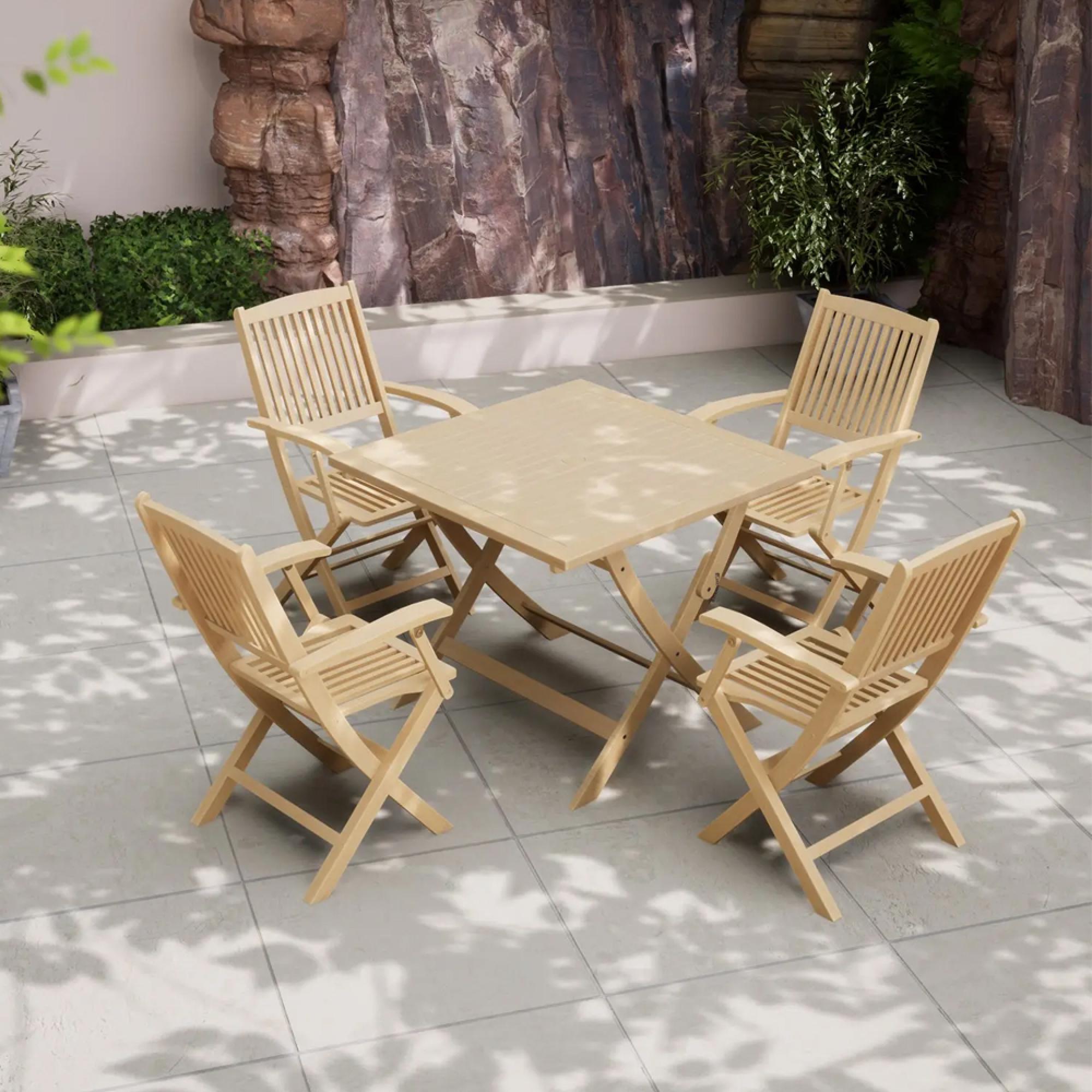London Garden Dining Set - 4 Seater - 90cm - Square - Folding - Acacia Wood - 4 Folding Armchairs