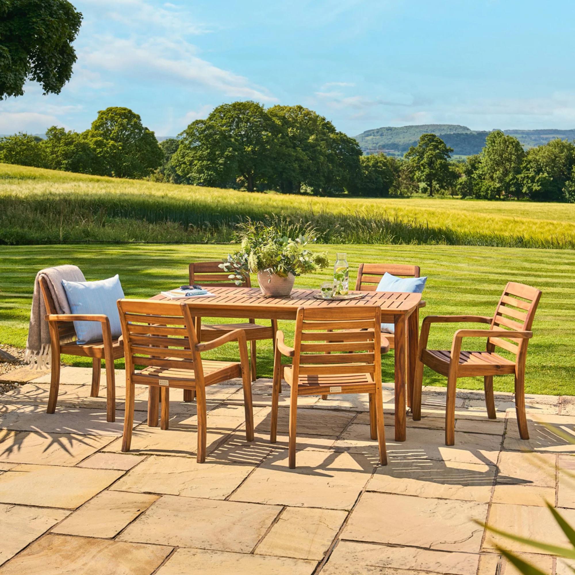 Cotswold Garden Dining Set - 6 Seater - 160cm - Acacia Wood - 6 Stacking Dining Armchair