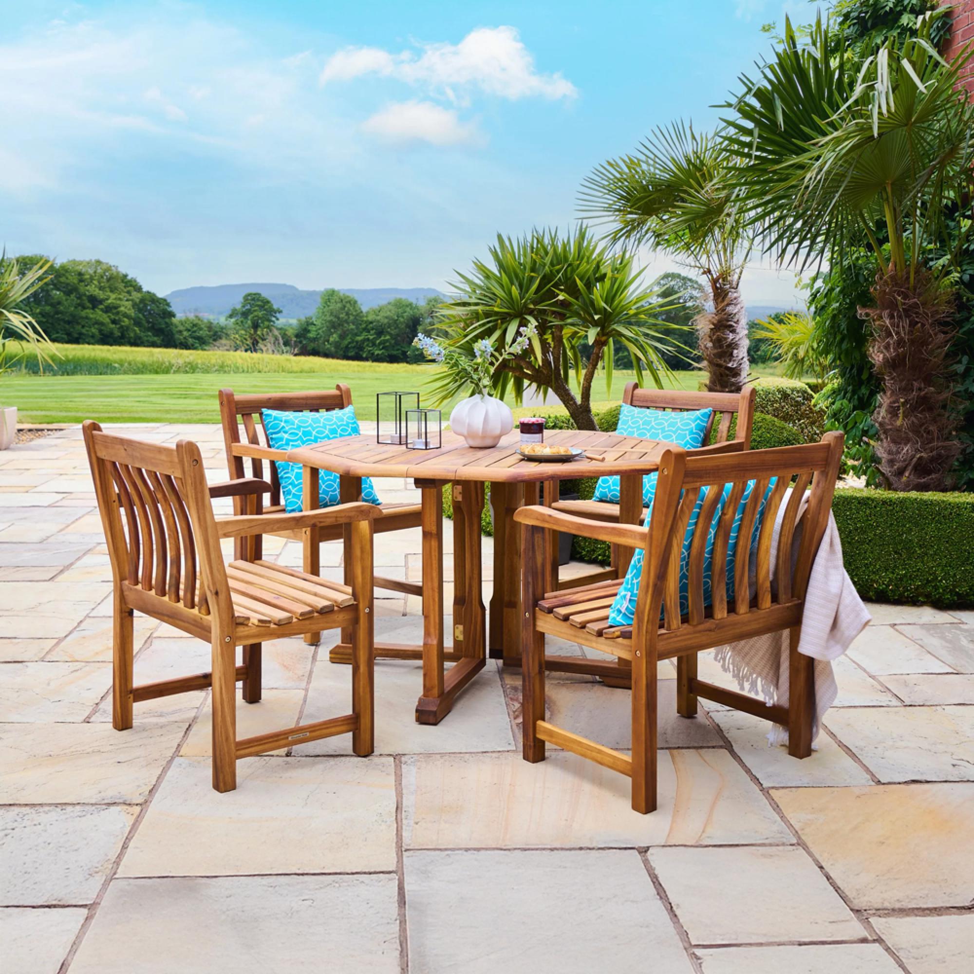 Redcliffe Garden Octagon Dining Set - 4 Seater - 120cm - Gateleg - Acacia Wood - 4 Broadfield Dining Armchair