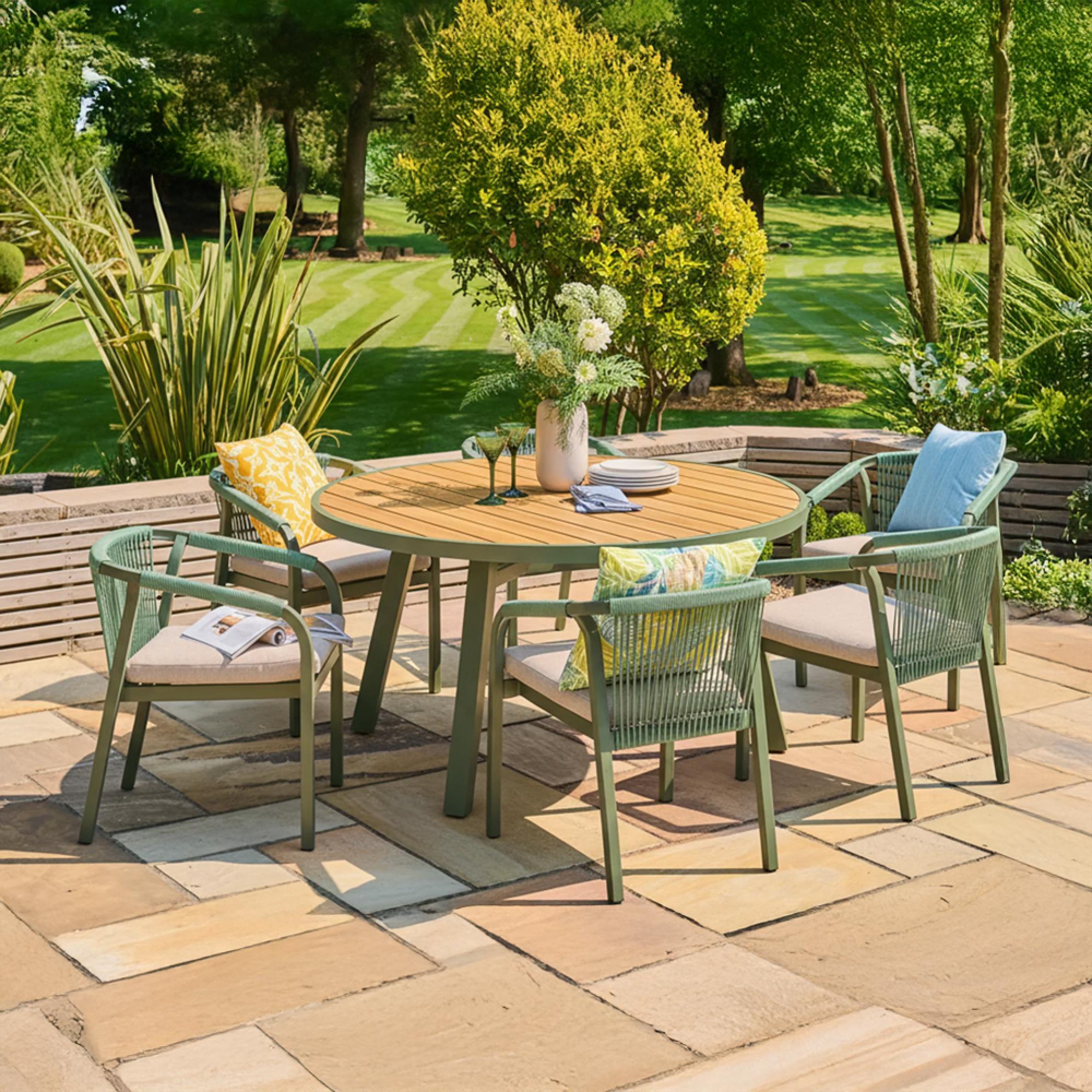 Genoa Garden Round Dining Set - 4 Seater - 150cm - Olive Green and Timber Wood - 4 Chairs