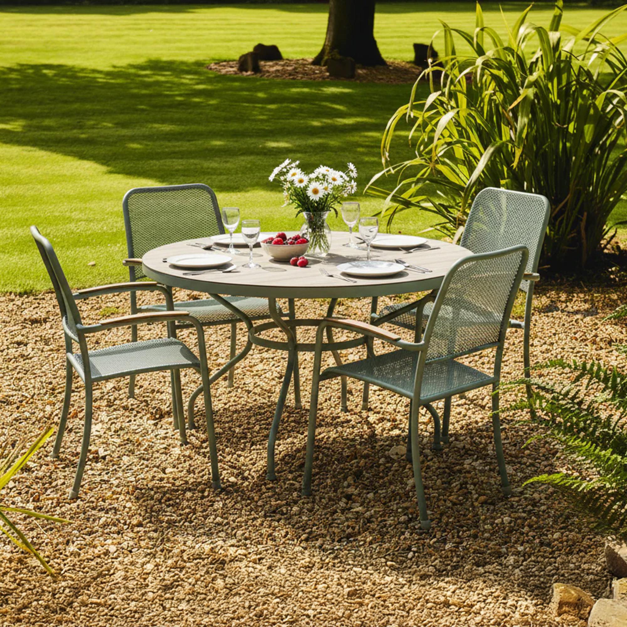 Bergen Garden Round Dining Set - 4 Seater - 150cm - Green Metal - 4 Stacking Armchairs