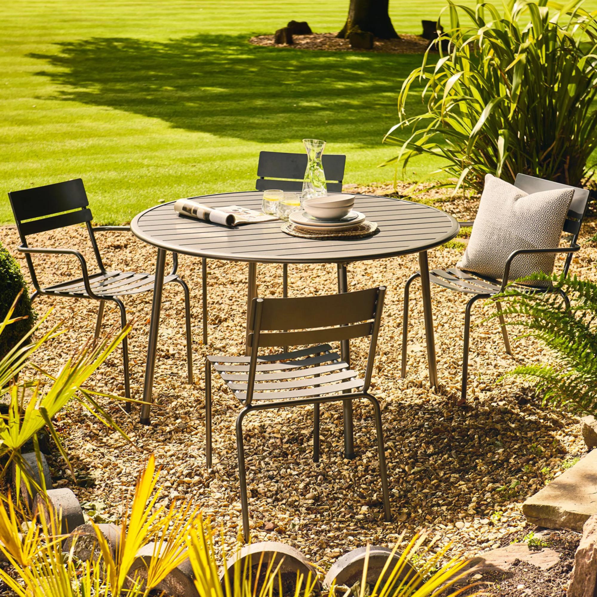 Oslo Garden Round Dining Set - 4 Seater - 120cm - Grey Metal - 4 Stacking Dining Chairs