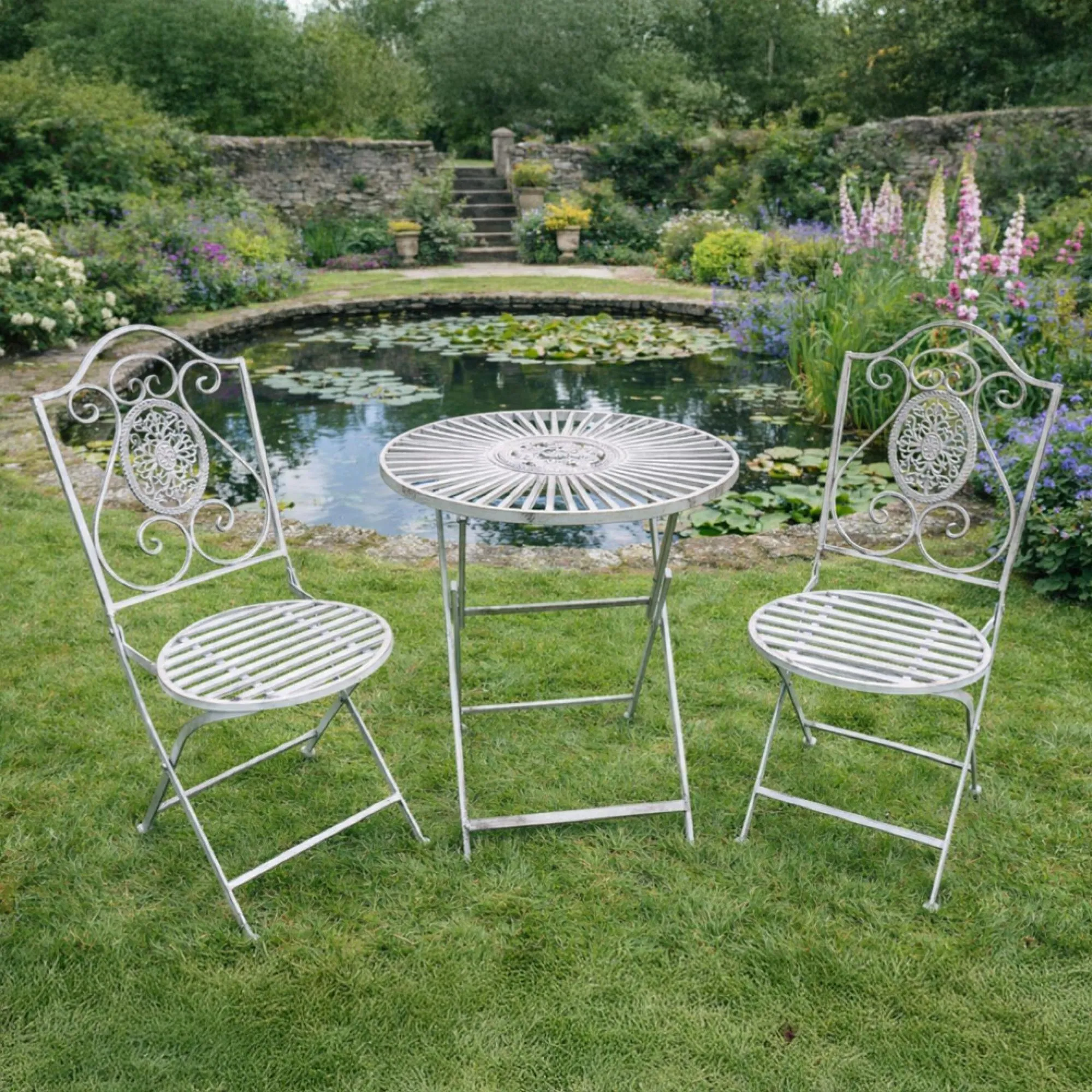 Garden Set - Round Garden Table - Black Metal - with 2 Chairs
