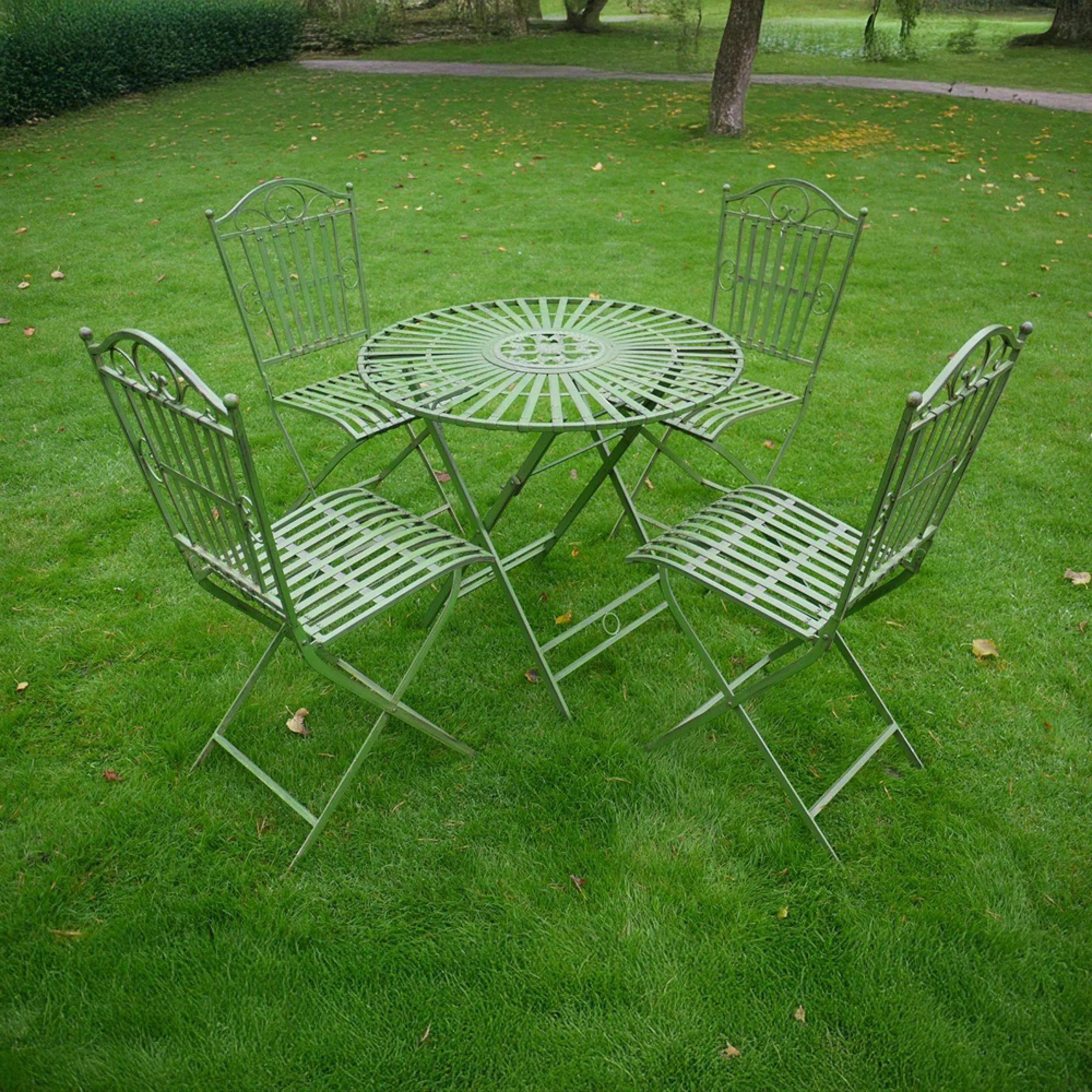 Garden Table - Antique Green Metal - Round - with 4 Chairs