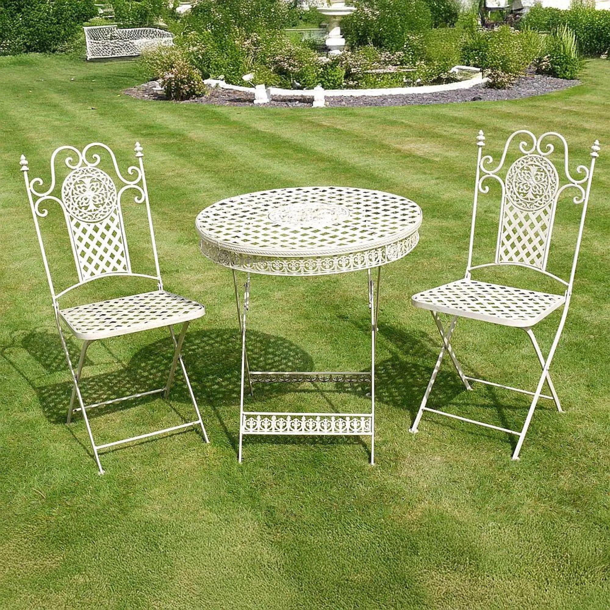 Garden Table - White Metal - Round - with 2 Chairs