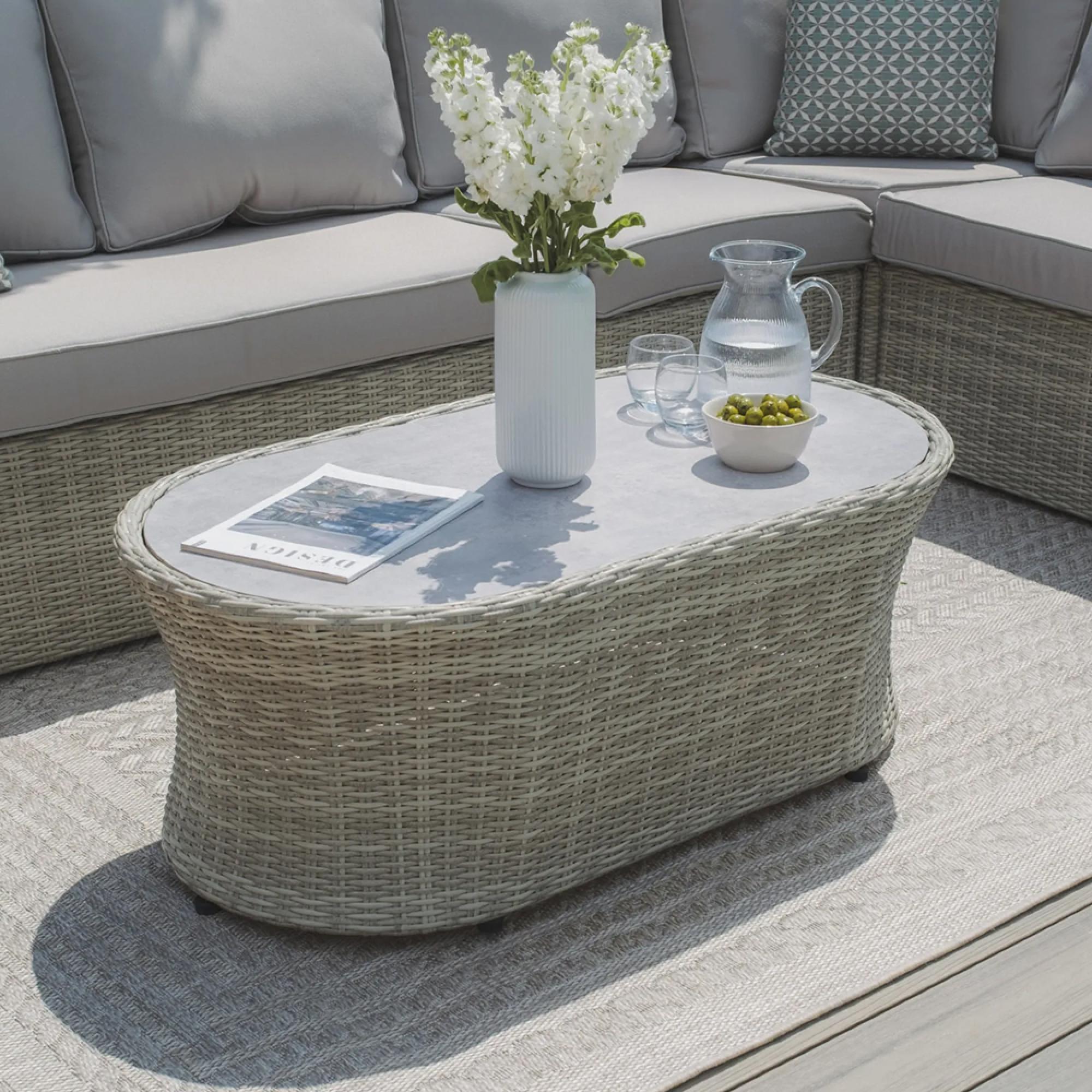 Oxford Garden Oval Coffee Table - Ceramic Top - Grey Rattan