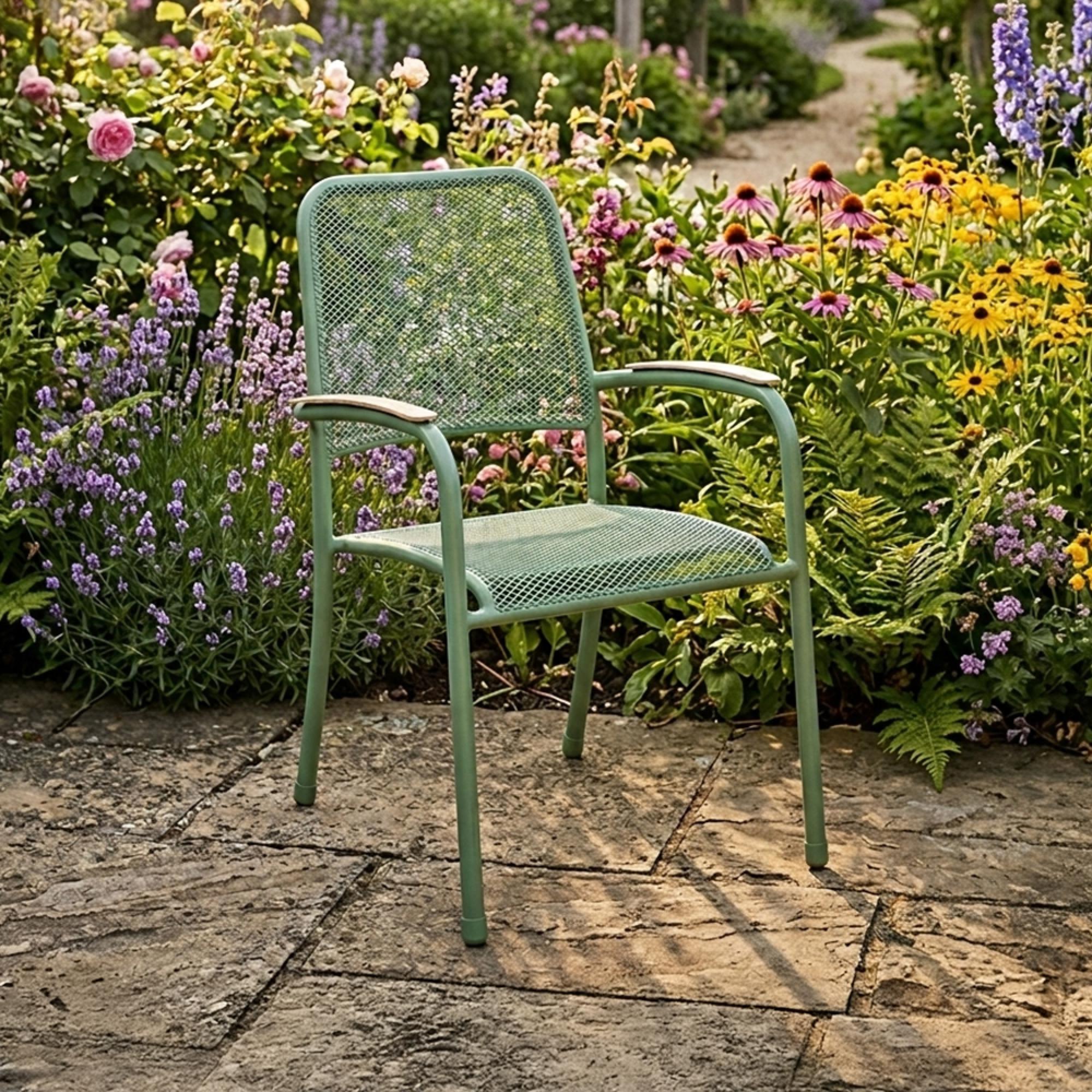 Bergen Garden Stacking Dining Armchair - Green Metal