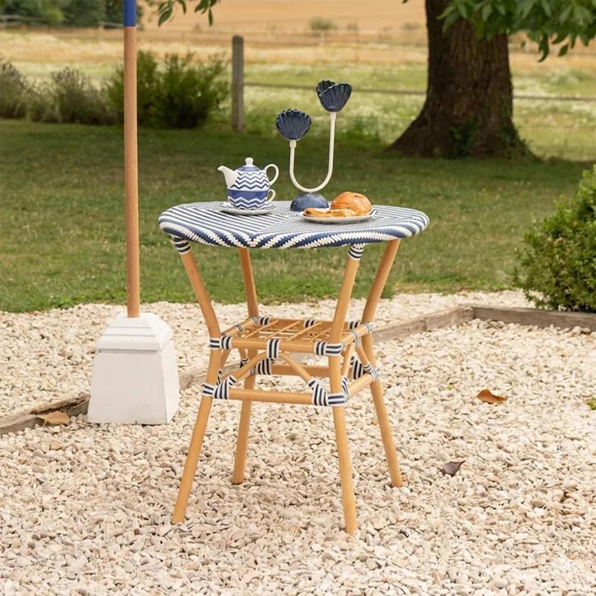 Geo Outdoor Dining Table - 70cm - 2 Seater - Round - Blue and White - Rattan and Bamboo Wood