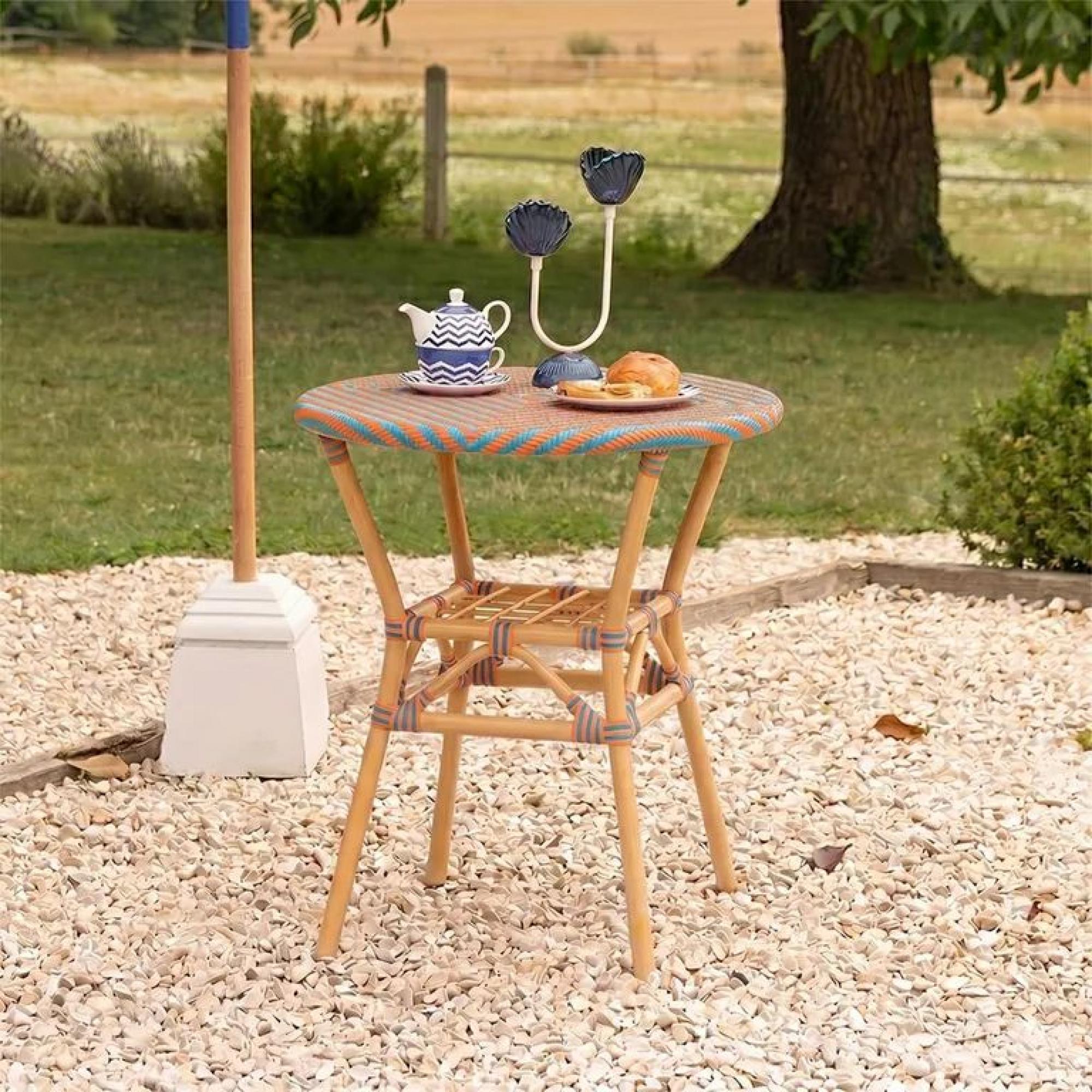 Geo Outdoor Dining Table - 70cm - 2 Seater - Round - Orange and Turquoise - Rattan and Bamboo Wood