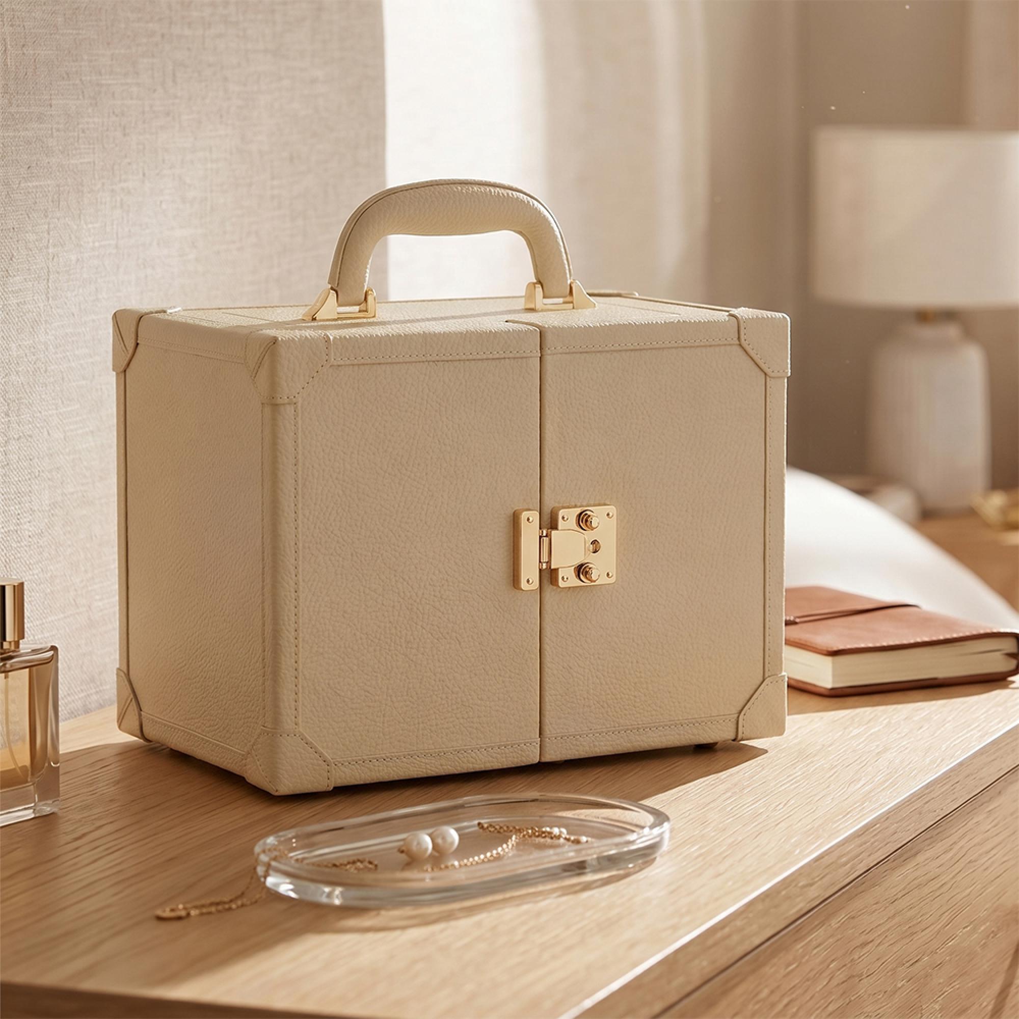 Artificial Jewellery Case - with Handle - Beige - Leather and Wood